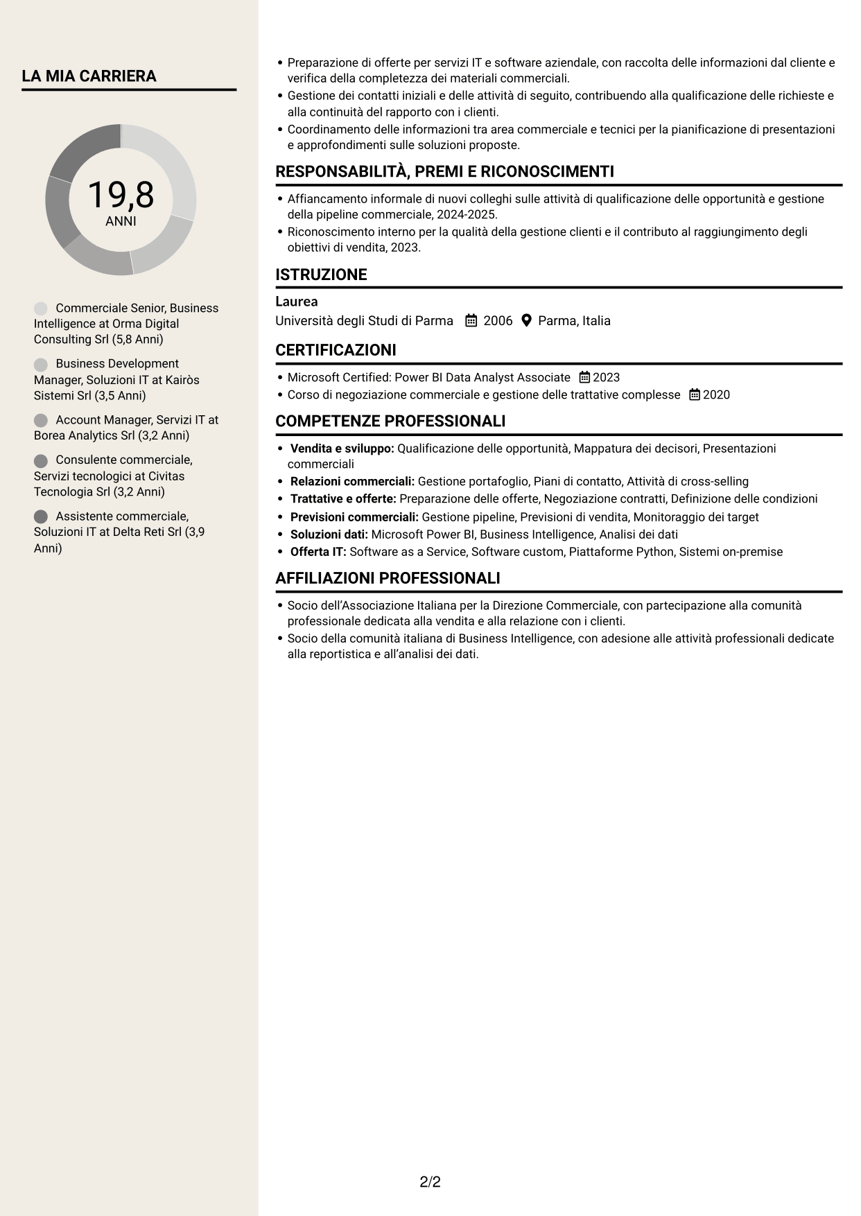 CV Intraprendente (formato a due colonne con intestazione centrata senza foto): Commerciale Soluzioni Tecnologiche - Business Intelligence, pagina 2