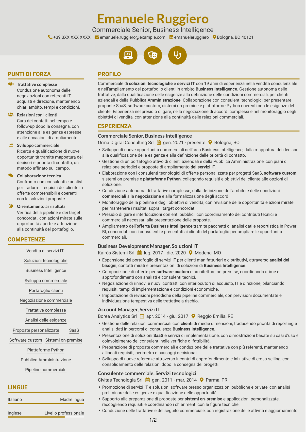CV Dinamico (formato a due colonne con icone): Commerciale Soluzioni Tecnologiche - Business Intelligence, pagina 1