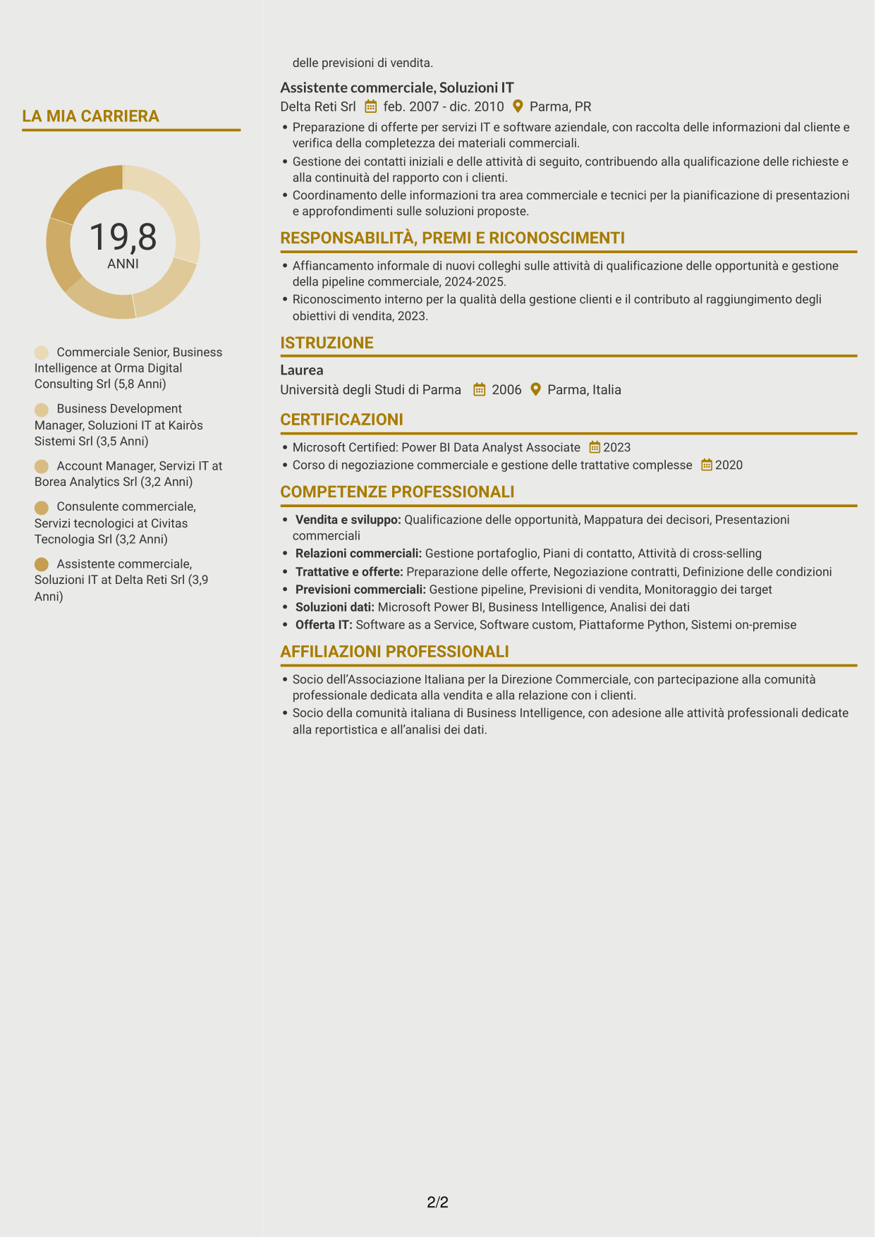 CV Dinamico (formato a due colonne con icone): Commerciale Soluzioni Tecnologiche - Business Intelligence, pagina 2