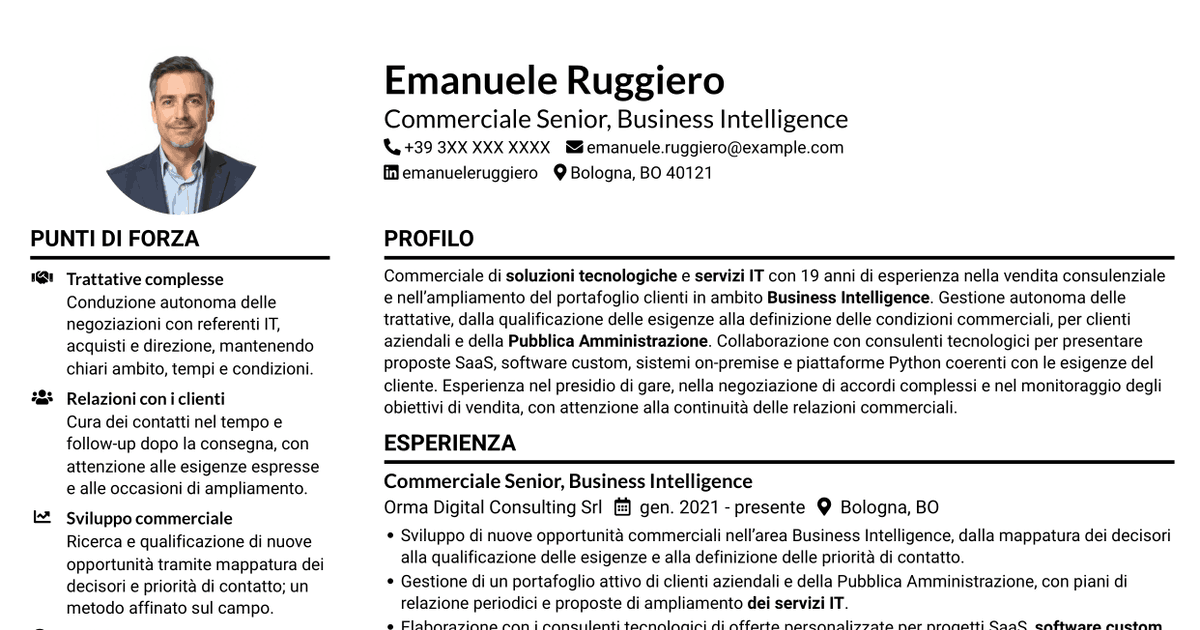 7 modelli di CV per Commerciale Soluzioni Tecnologiche - Business Intelligence, con esempi