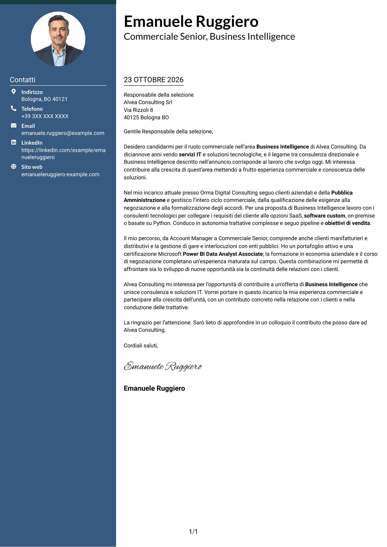 Lettera di presentazione Elegante (formato con colonna laterale colorata e foto): Commerciale Soluzioni Tecnologiche - Business Intelligence, pagina 1