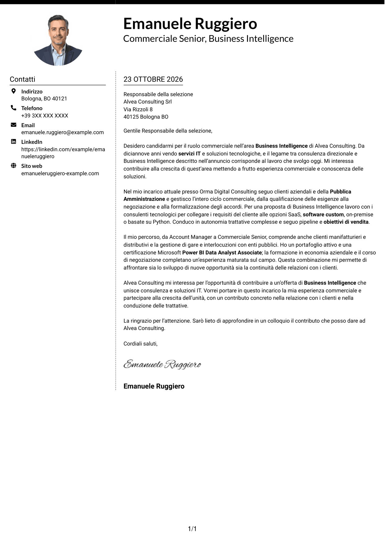 Lettera di presentazione Moderno (formato a due colonne con foto a sinistra e separatore): Commerciale Soluzioni Tecnologiche - Business Intelligence, pagina 1