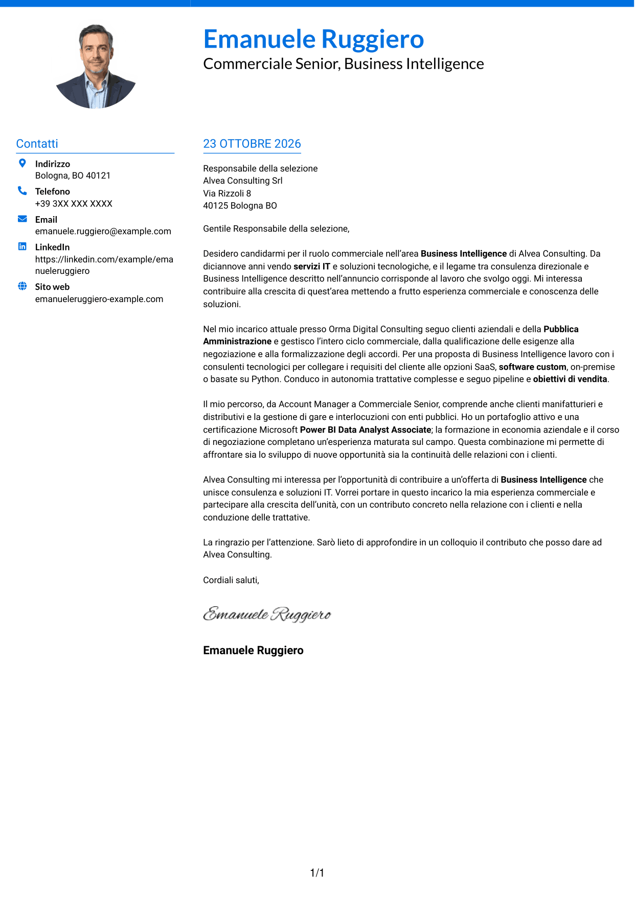 Lettera di presentazione Audace (formato a due colonne con accenti colorati e foto): Commerciale Soluzioni Tecnologiche - Business Intelligence, pagina 1