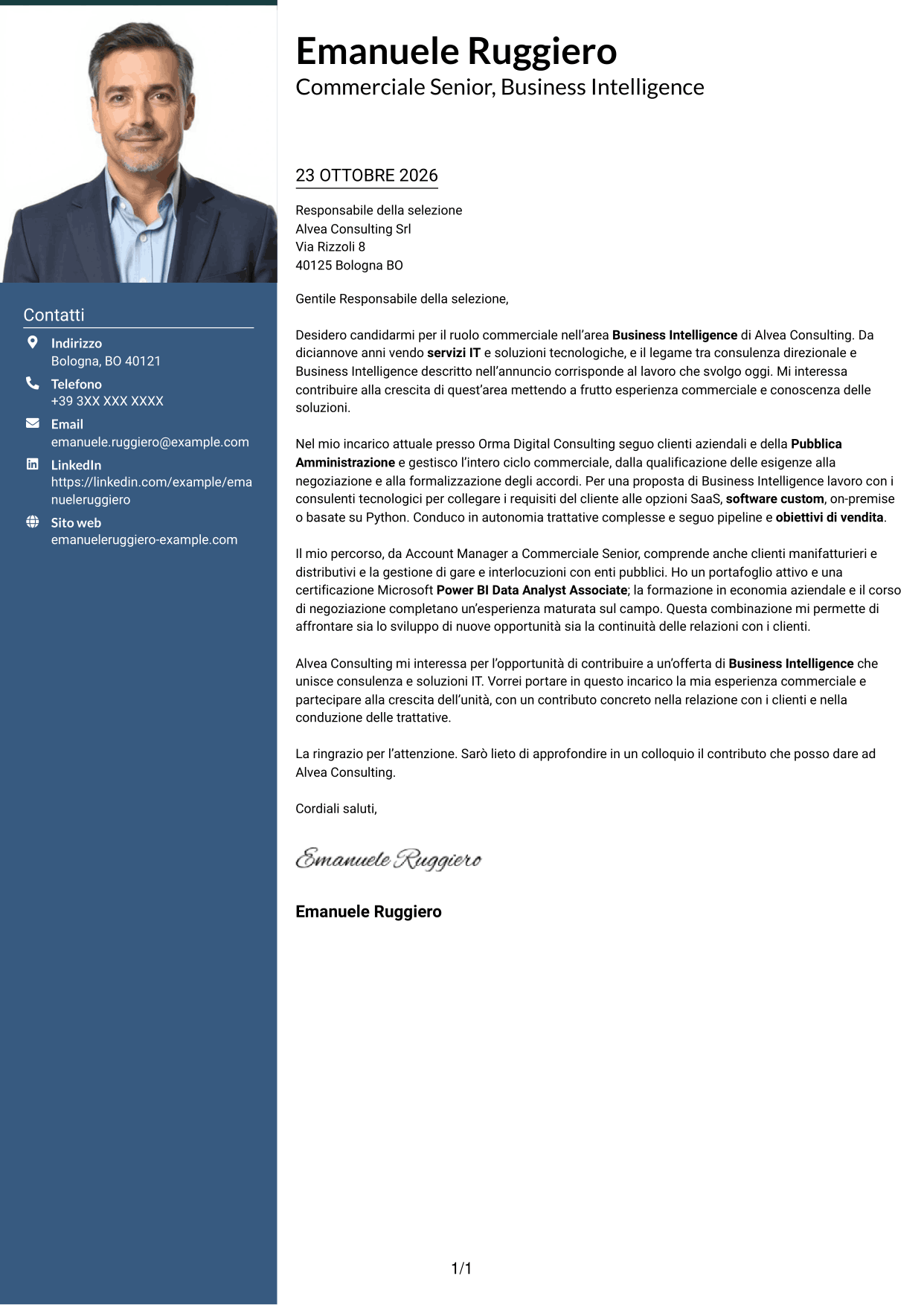 Lettera di presentazione Signature (formato con colonna laterale colorata e foto grande): Commerciale Soluzioni Tecnologiche - Business Intelligence, pagina 1