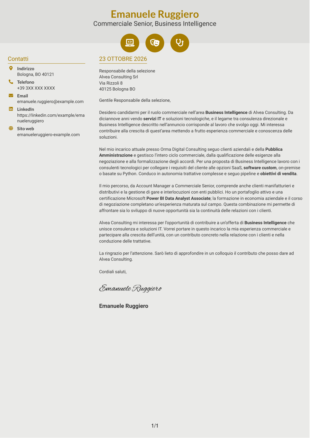 Lettera di presentazione Dinamico (formato a due colonne con icone): Commerciale Soluzioni Tecnologiche - Business Intelligence, pagina 1