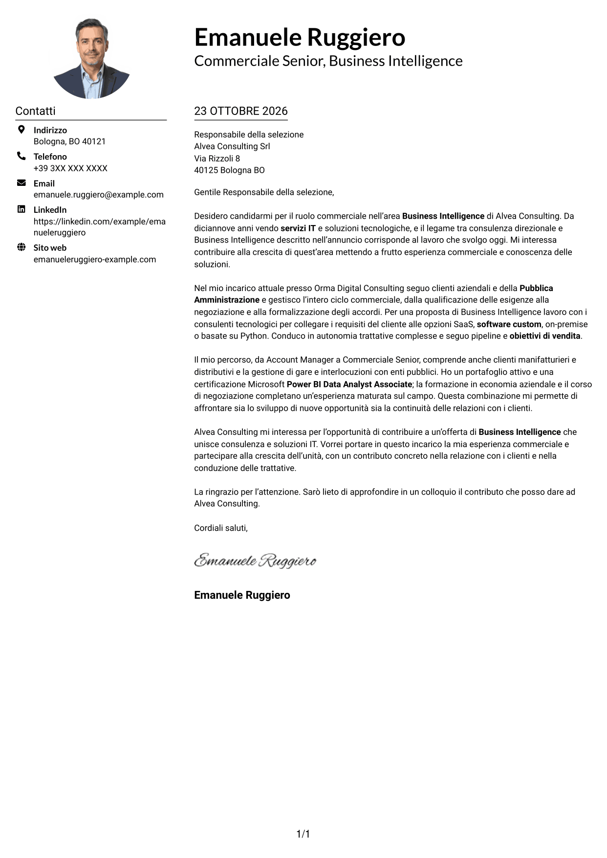 Esempio di lettera di presentazione — pagina 1