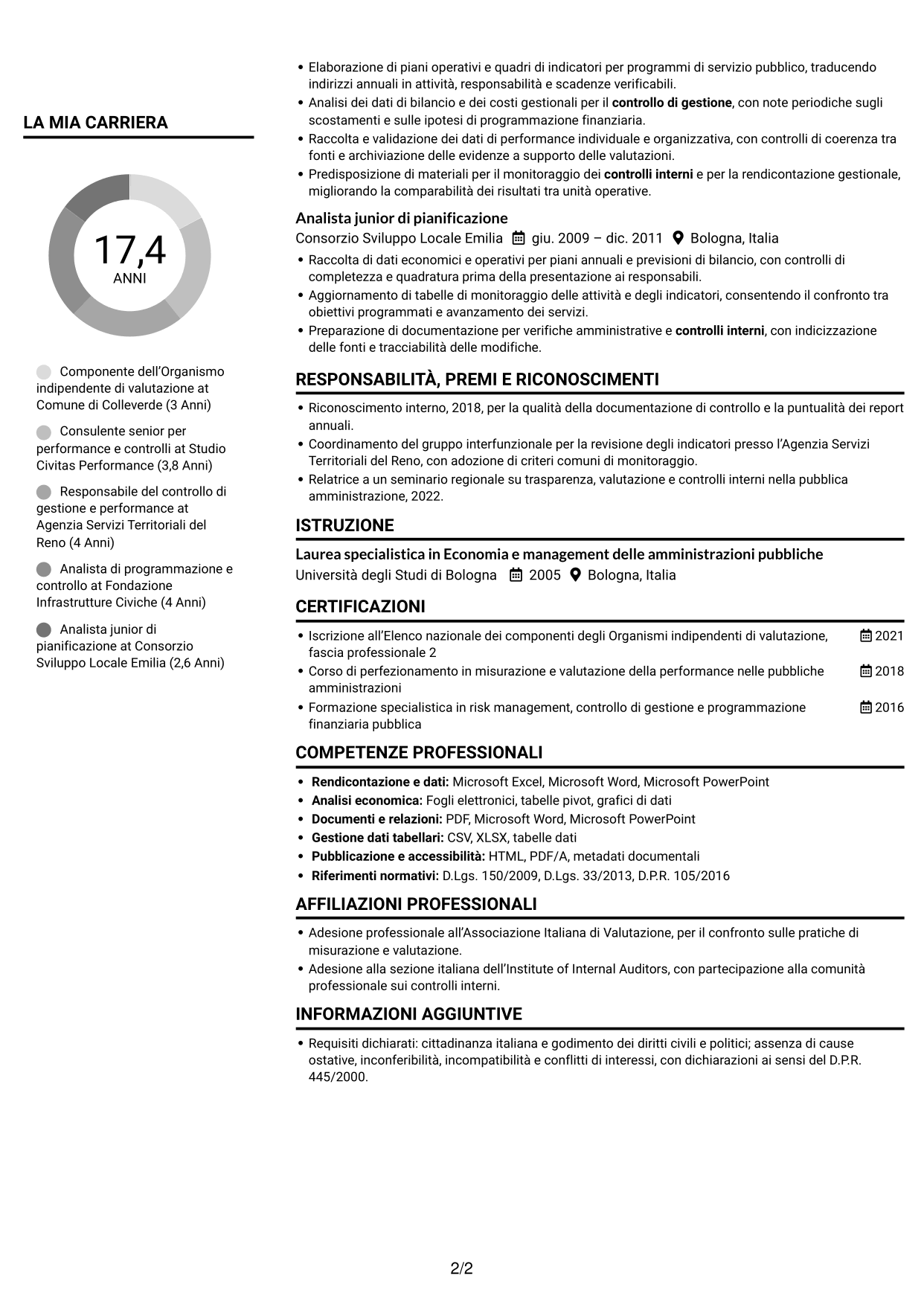 CV Compatto (formato sobrio a due colonne con foto): Componente dell’OIV - Valutazione della performance pubblica, pagina 2
