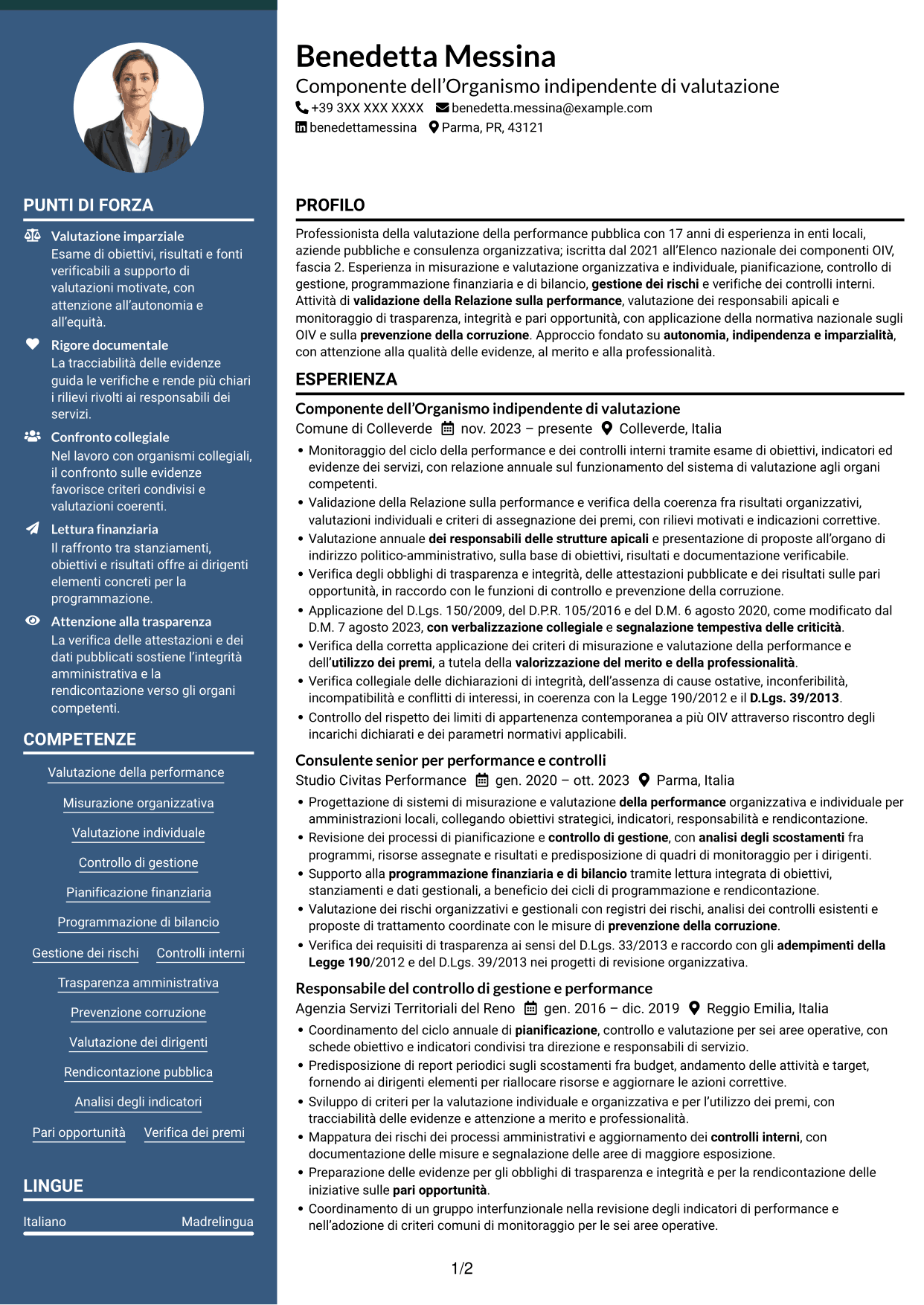 CV Elegante (formato con colonna laterale colorata e foto): Componente dell’OIV - Valutazione della performance pubblica, pagina 1