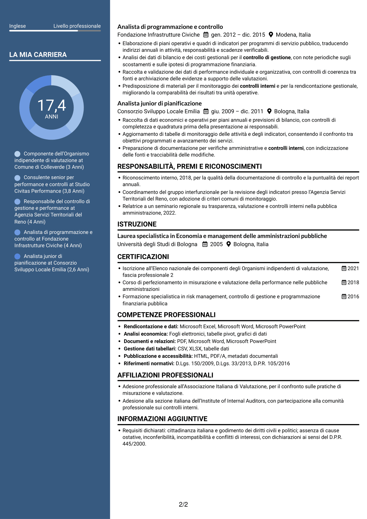 CV Elegante (formato con colonna laterale colorata e foto): Componente dell’OIV - Valutazione della performance pubblica, pagina 2