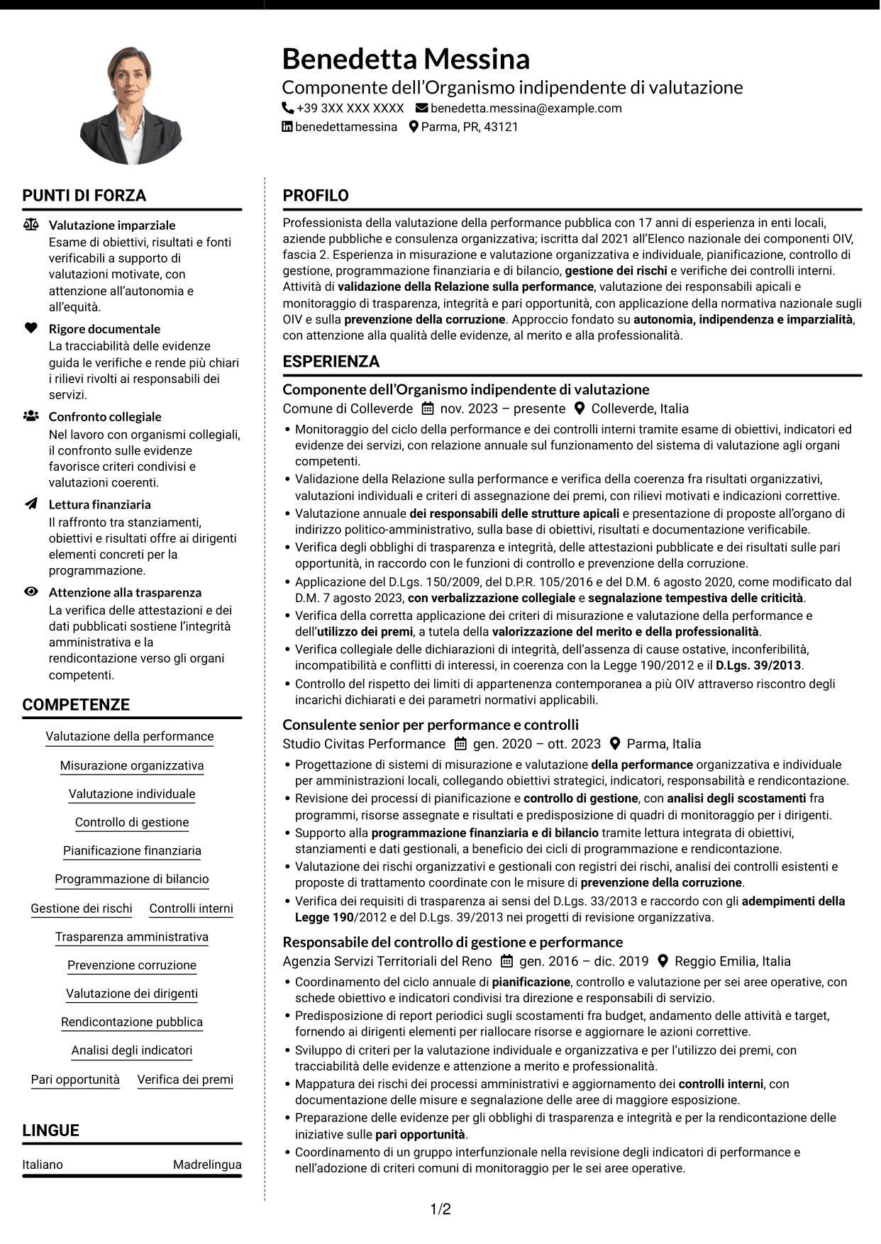 CV Moderno (formato a due colonne con foto a sinistra e separatore): Componente dell’OIV - Valutazione della performance pubblica, pagina 1