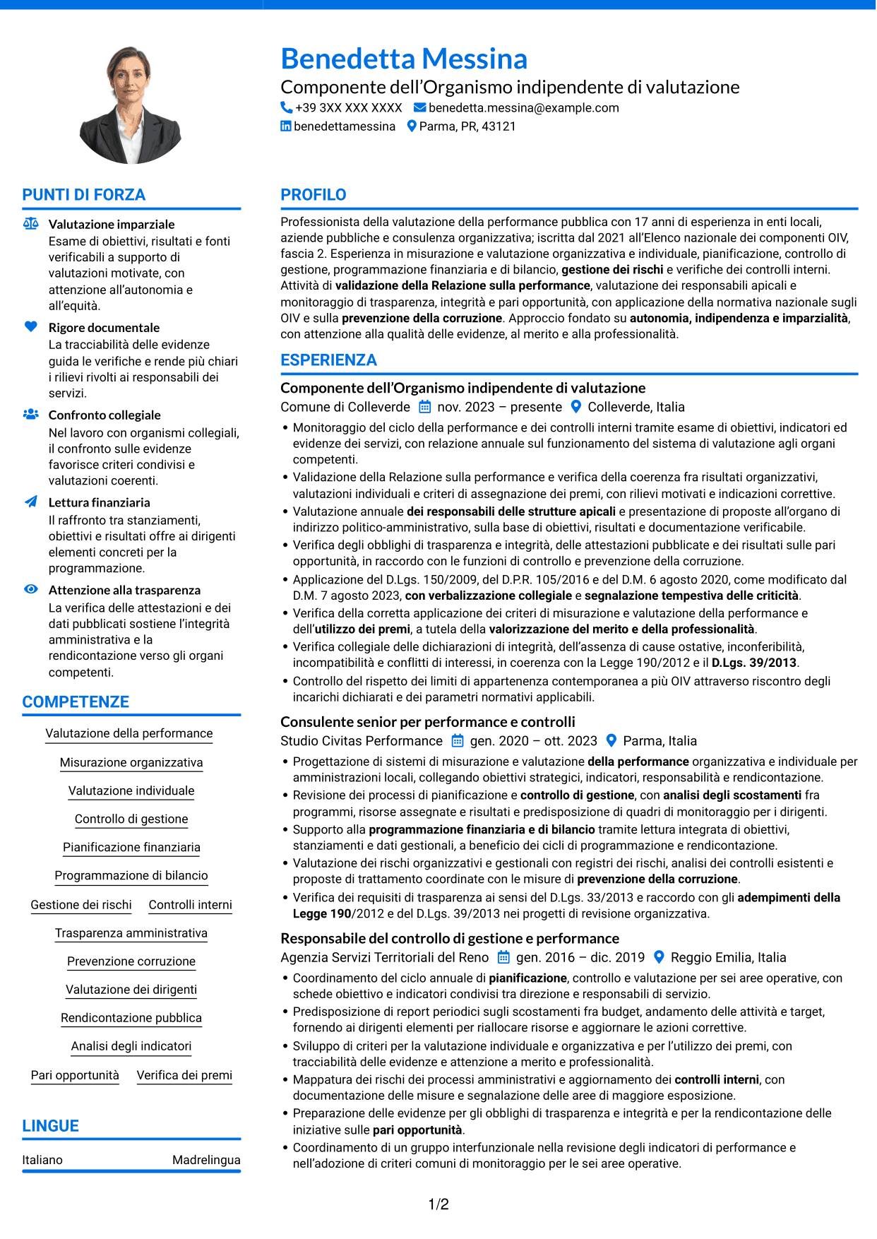 CV Audace (formato a due colonne con accenti colorati e foto): Componente dell’OIV - Valutazione della performance pubblica, pagina 1