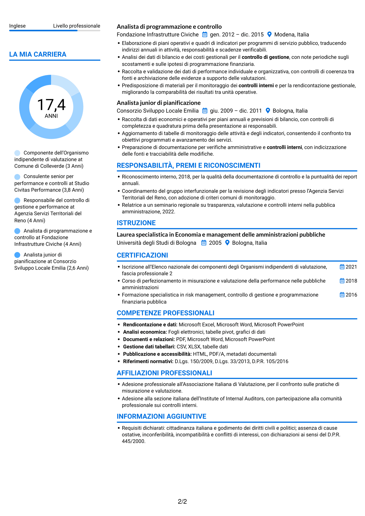 CV Audace (formato a due colonne con accenti colorati e foto): Componente dell’OIV - Valutazione della performance pubblica, pagina 2