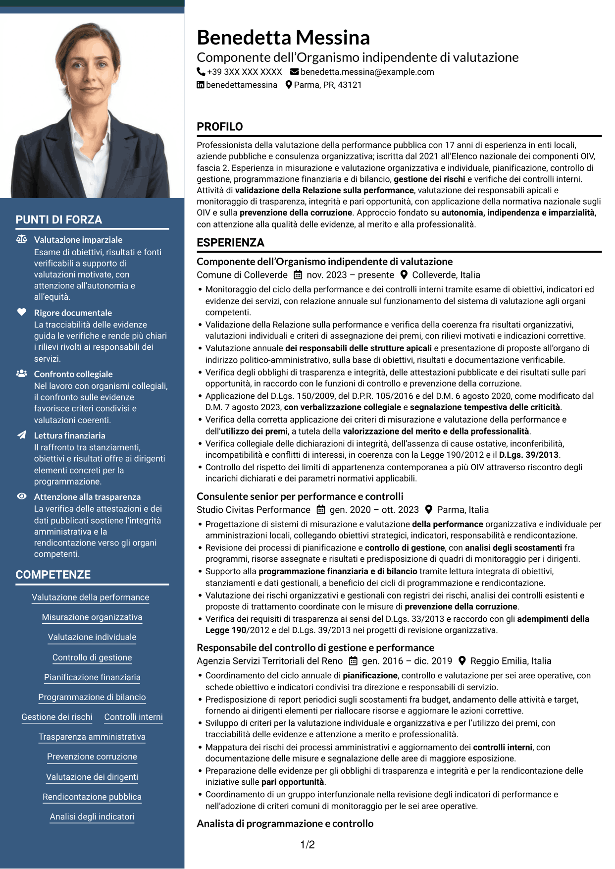 CV Signature (formato con colonna laterale colorata e foto grande): Componente dell’OIV - Valutazione della performance pubblica, pagina 1