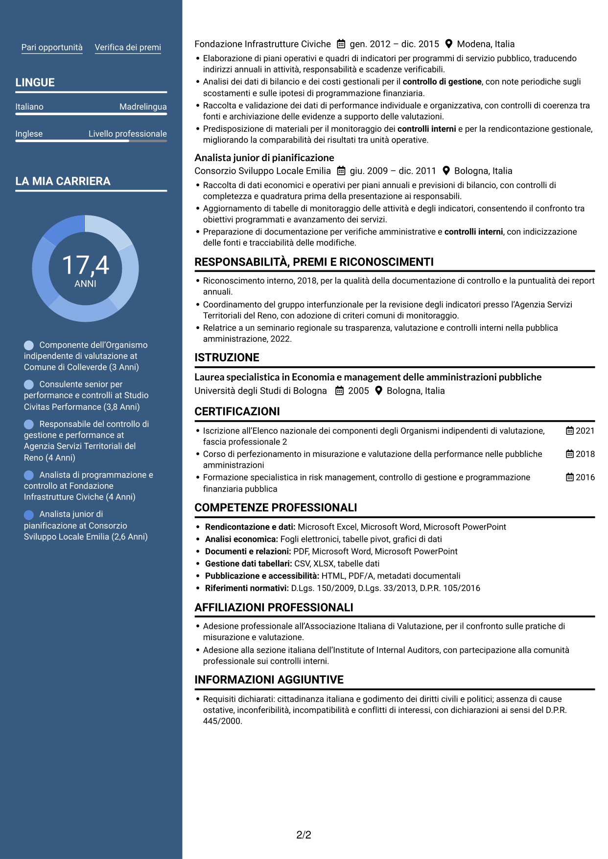 CV Signature (formato con colonna laterale colorata e foto grande): Componente dell’OIV - Valutazione della performance pubblica, pagina 2