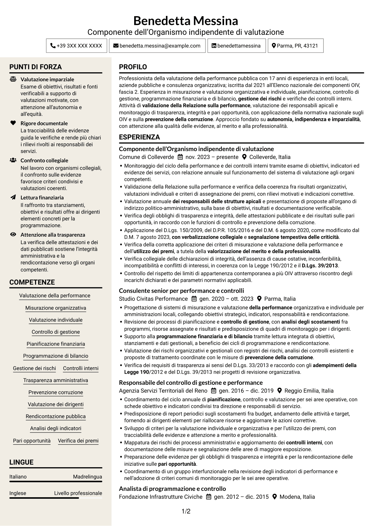 CV Intraprendente (formato a due colonne con intestazione centrata senza foto): Componente dell’OIV - Valutazione della performance pubblica, pagina 1