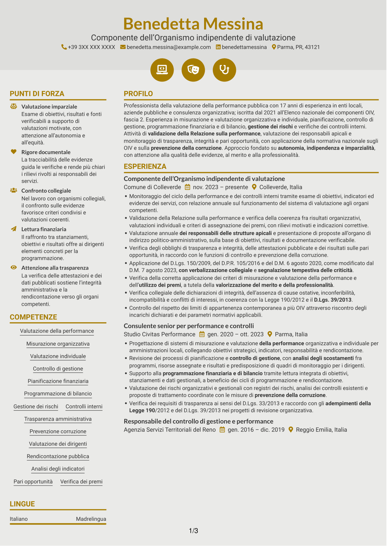 CV Dinamico (formato a due colonne con icone): Componente dell’OIV - Valutazione della performance pubblica, pagina 1