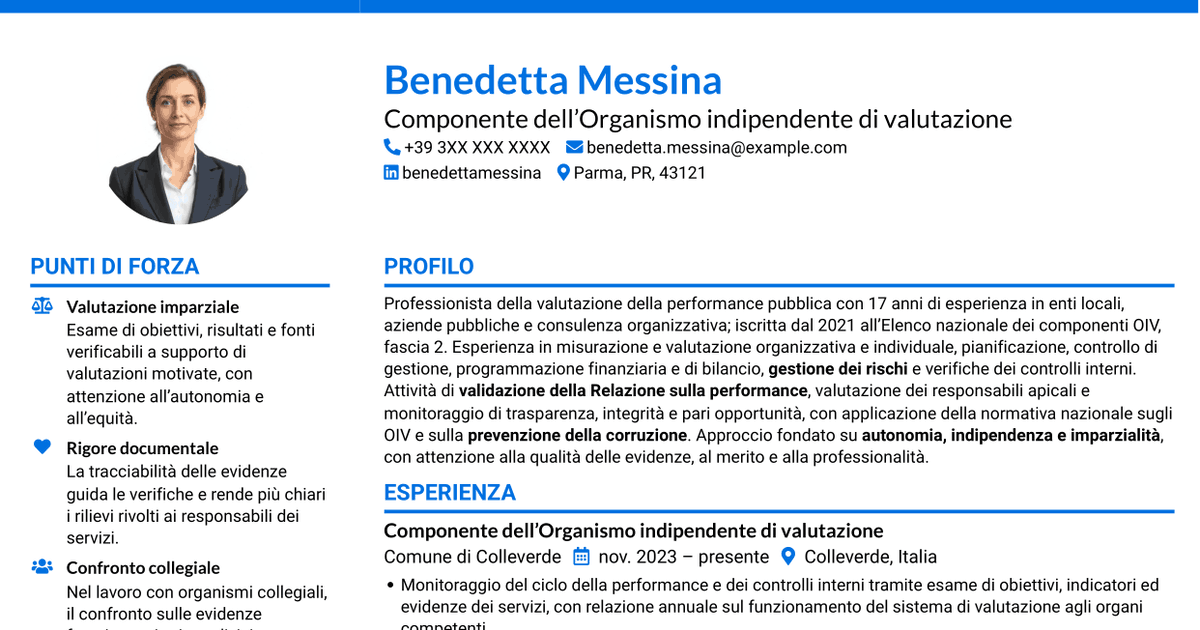 7 modelli di CV per Componente dell’OIV - Valutazione della performance pubblica, con esempi