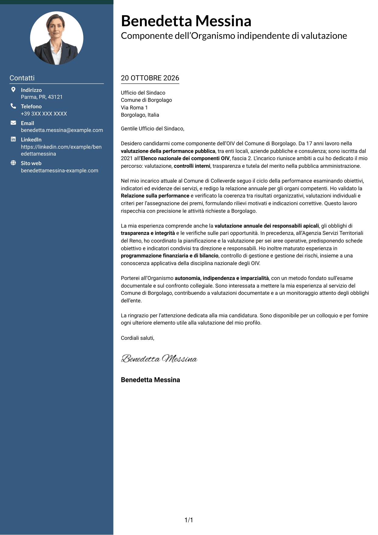Lettera di presentazione Elegante (formato con colonna laterale colorata e foto): Componente dell’OIV - Valutazione della performance pubblica, pagina 1