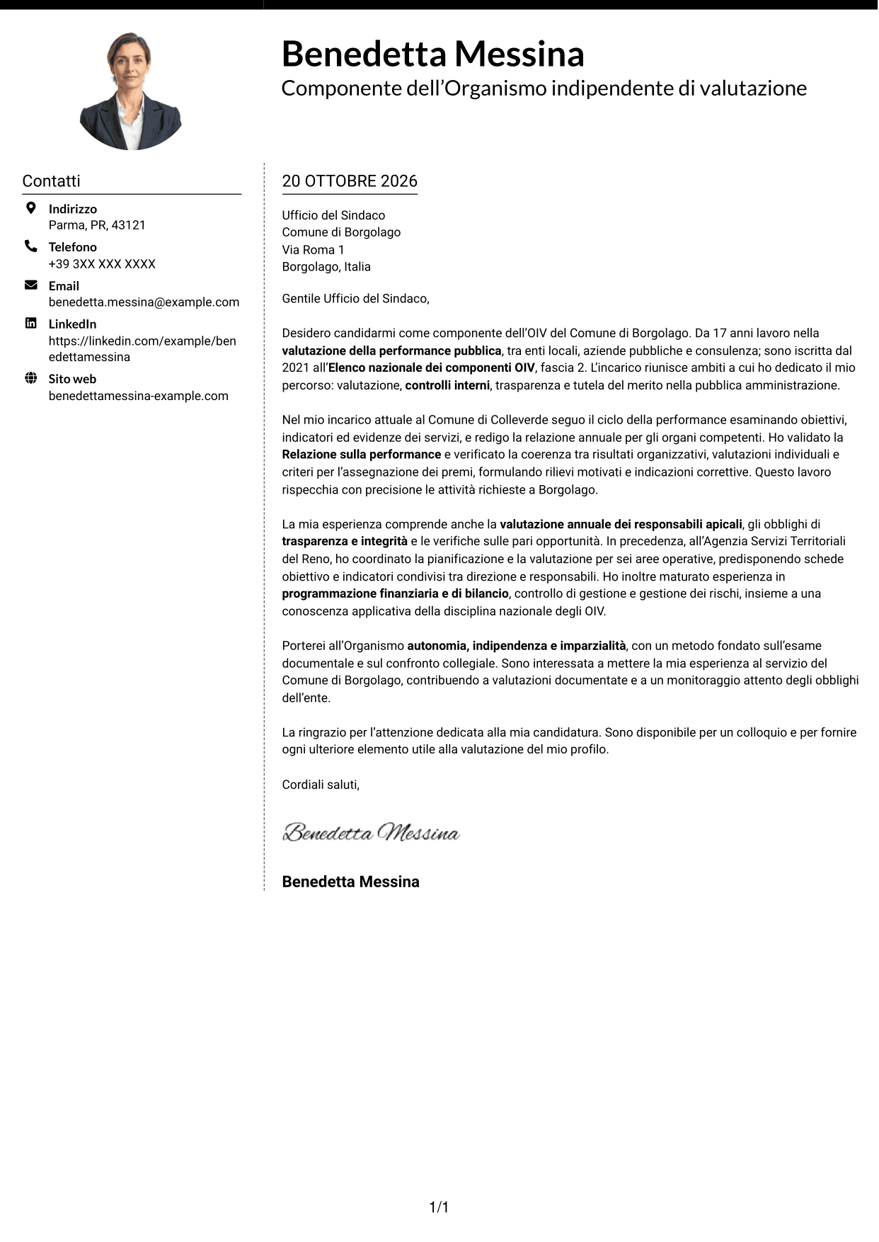 Lettera di presentazione Moderno (formato a due colonne con foto a sinistra e separatore): Componente dell’OIV - Valutazione della performance pubblica, pagina 1