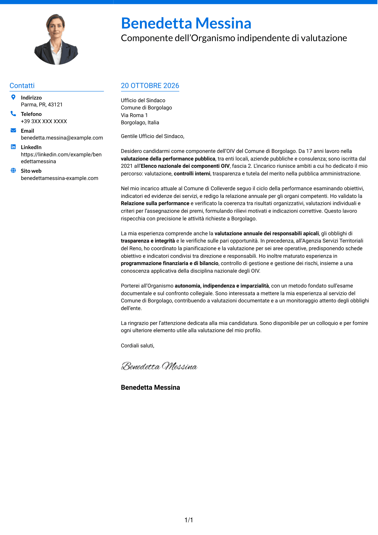 Lettera di presentazione Audace (formato a due colonne con accenti colorati e foto): Componente dell’OIV - Valutazione della performance pubblica, pagina 1