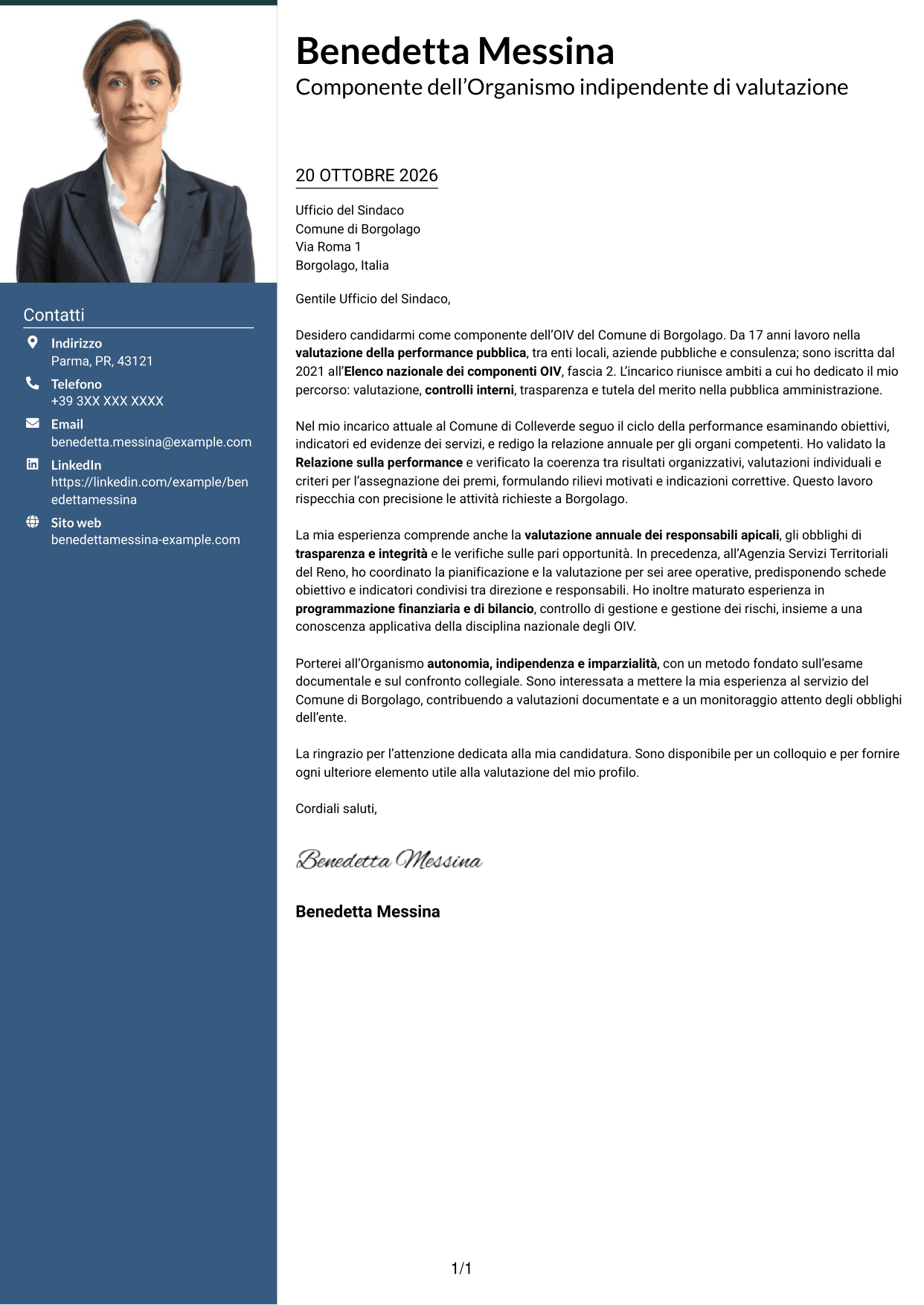 Lettera di presentazione Signature (formato con colonna laterale colorata e foto grande): Componente dell’OIV - Valutazione della performance pubblica, pagina 1