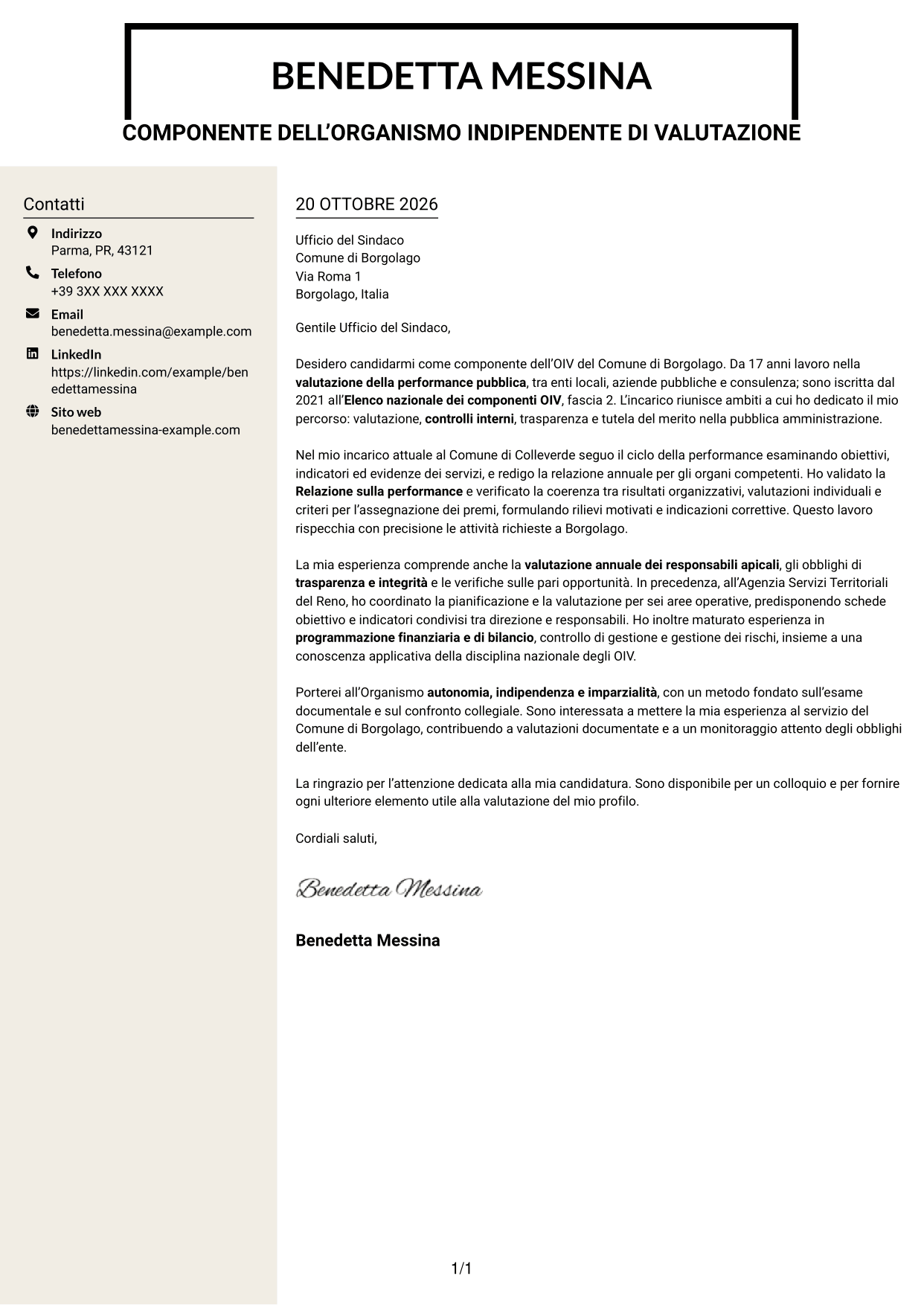 Lettera di presentazione Intraprendente (formato a due colonne con intestazione centrata senza foto): Componente dell’OIV - Valutazione della performance pubblica, pagina 1