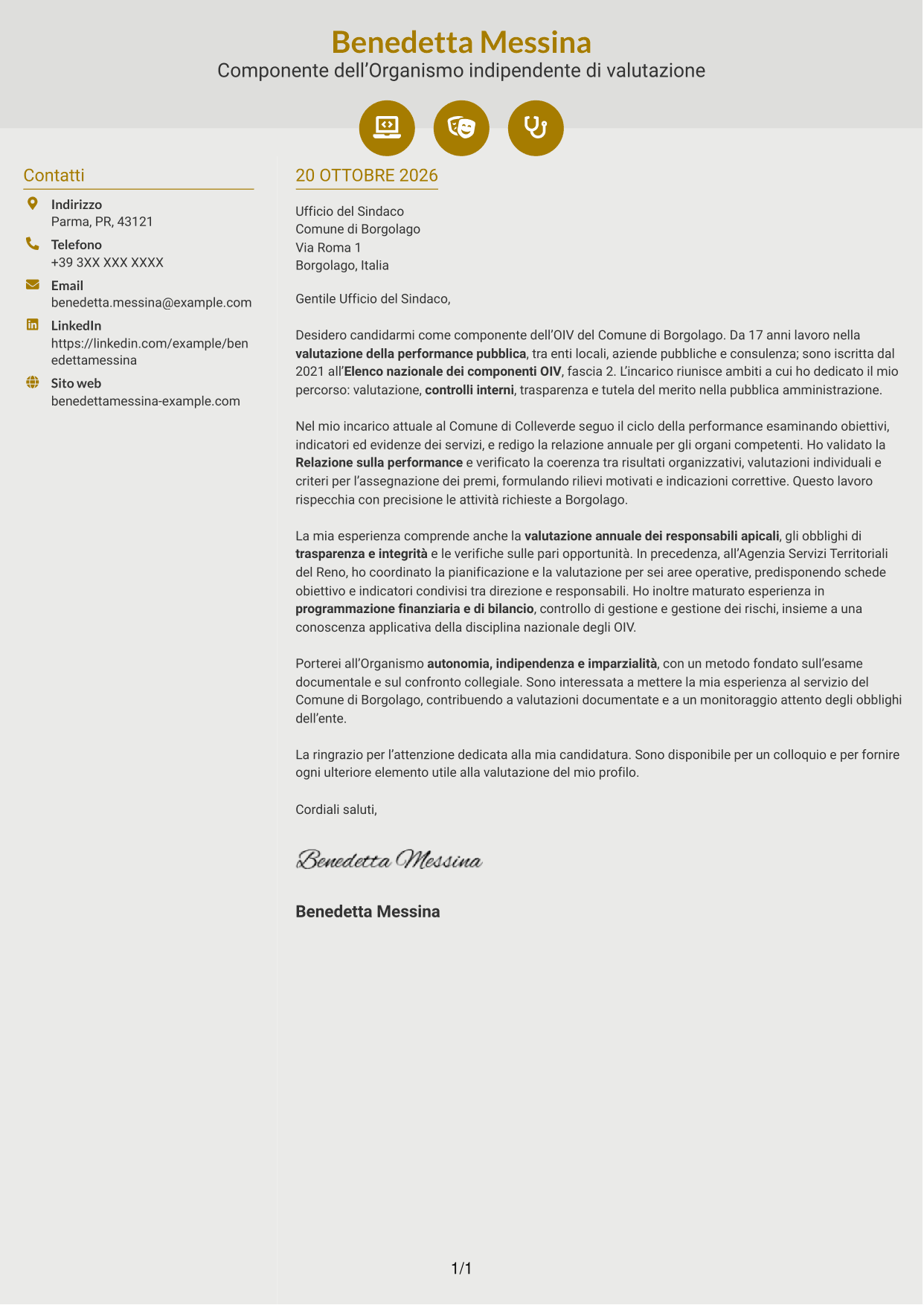 Lettera di presentazione Dinamico (formato a due colonne con icone): Componente dell’OIV - Valutazione della performance pubblica, pagina 1