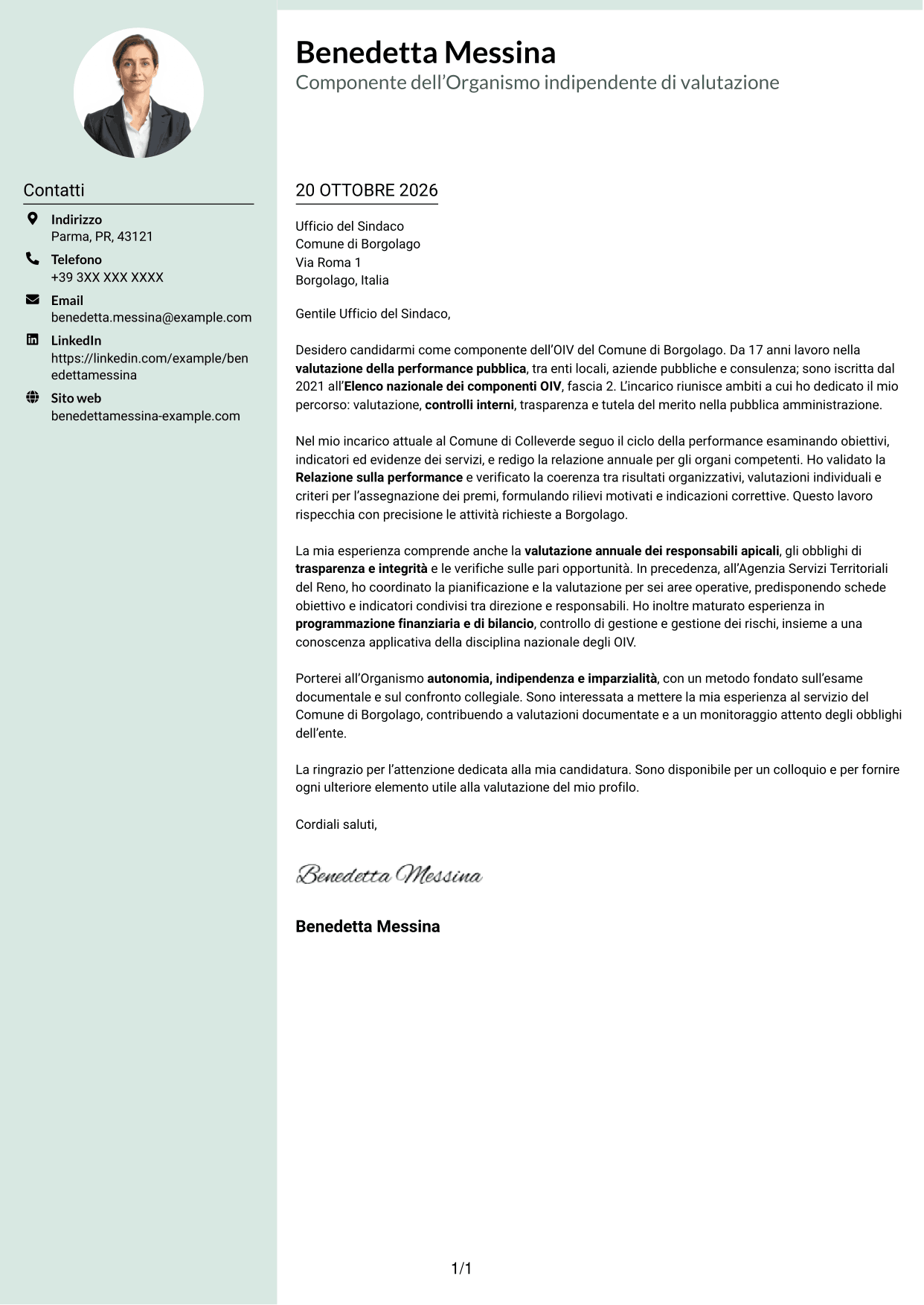 Lettera di presentazione Dirigente (formato con colonna laterale tenue e foto arrotondata): Componente dell’OIV - Valutazione della performance pubblica, pagina 1