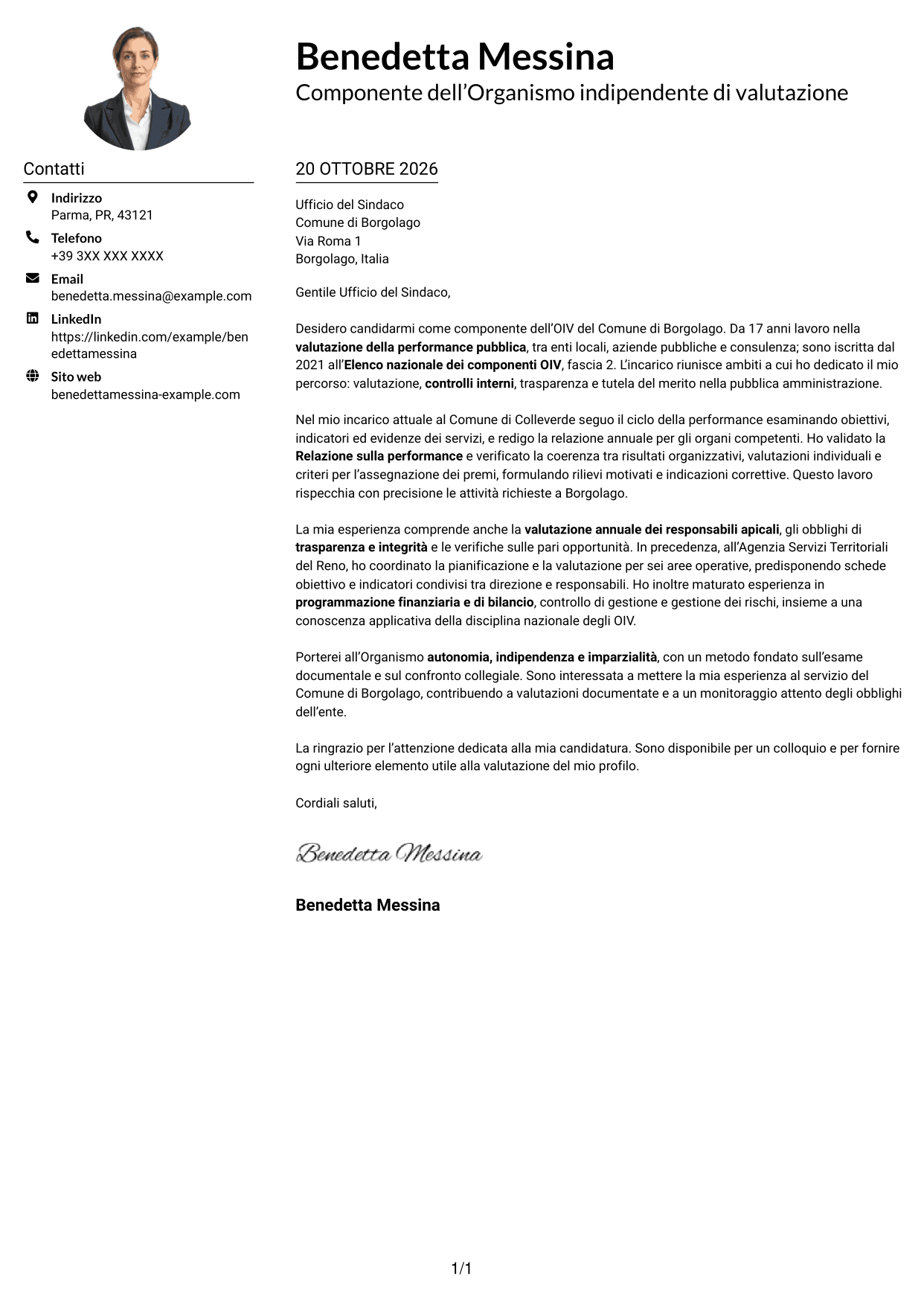Esempio di lettera di presentazione — pagina 1