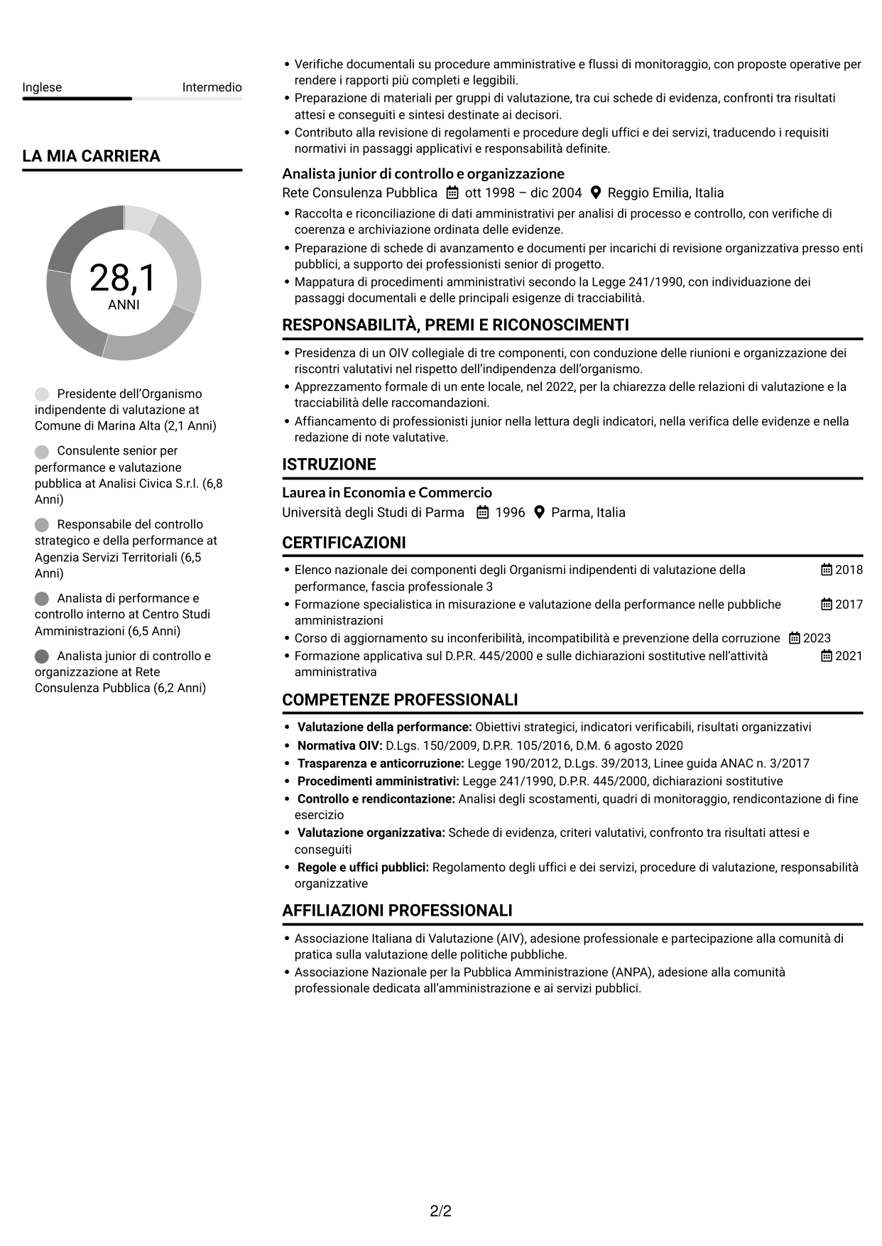 CV Compatto (formato sobrio a due colonne con foto): Componente dell’Organismo indipendente di valutazione - Performance della pubblica amministrazione, pagina 2