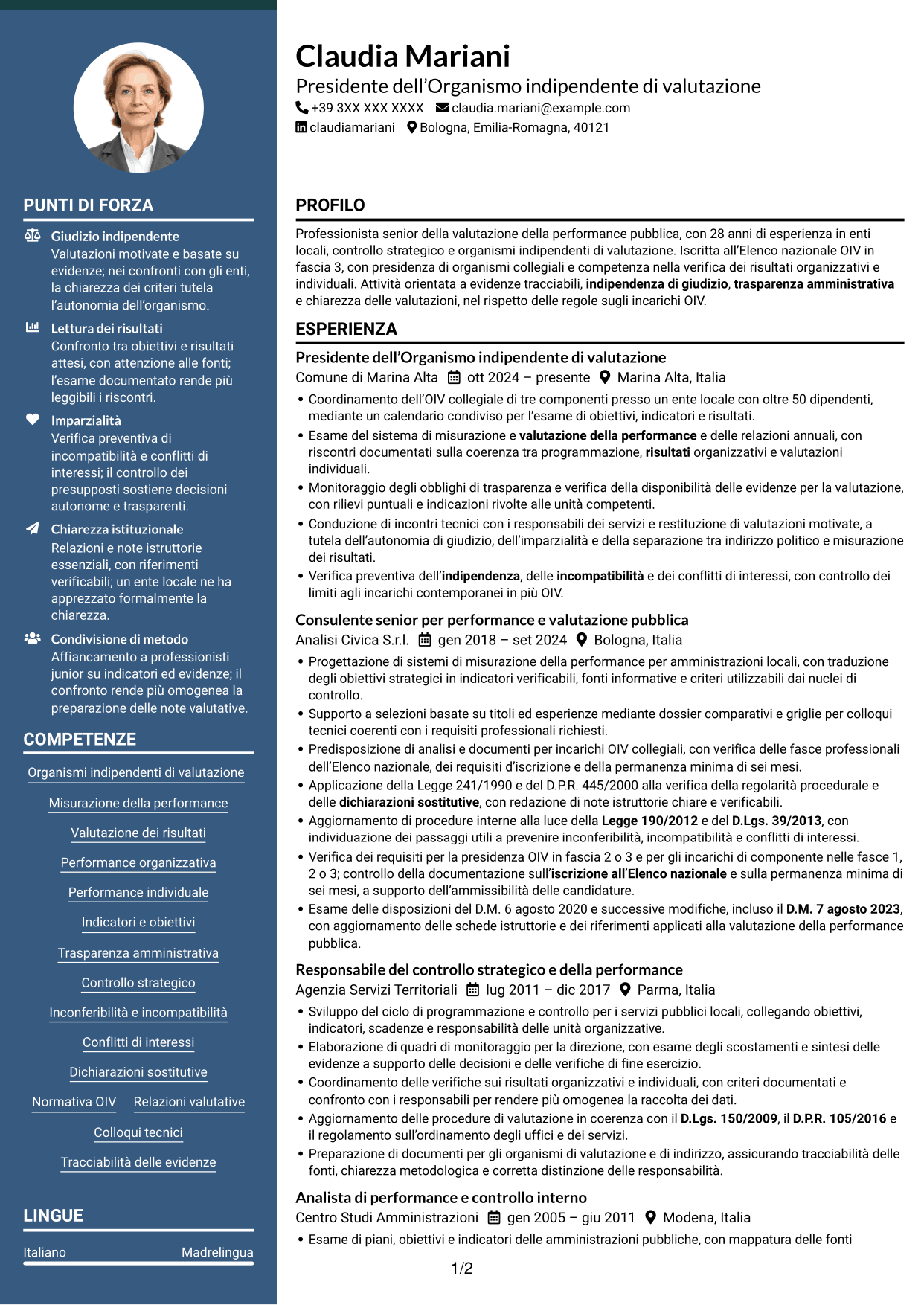 CV Elegante (formato con colonna laterale colorata e foto): Componente dell’Organismo indipendente di valutazione - Performance della pubblica amministrazione, pagina 1