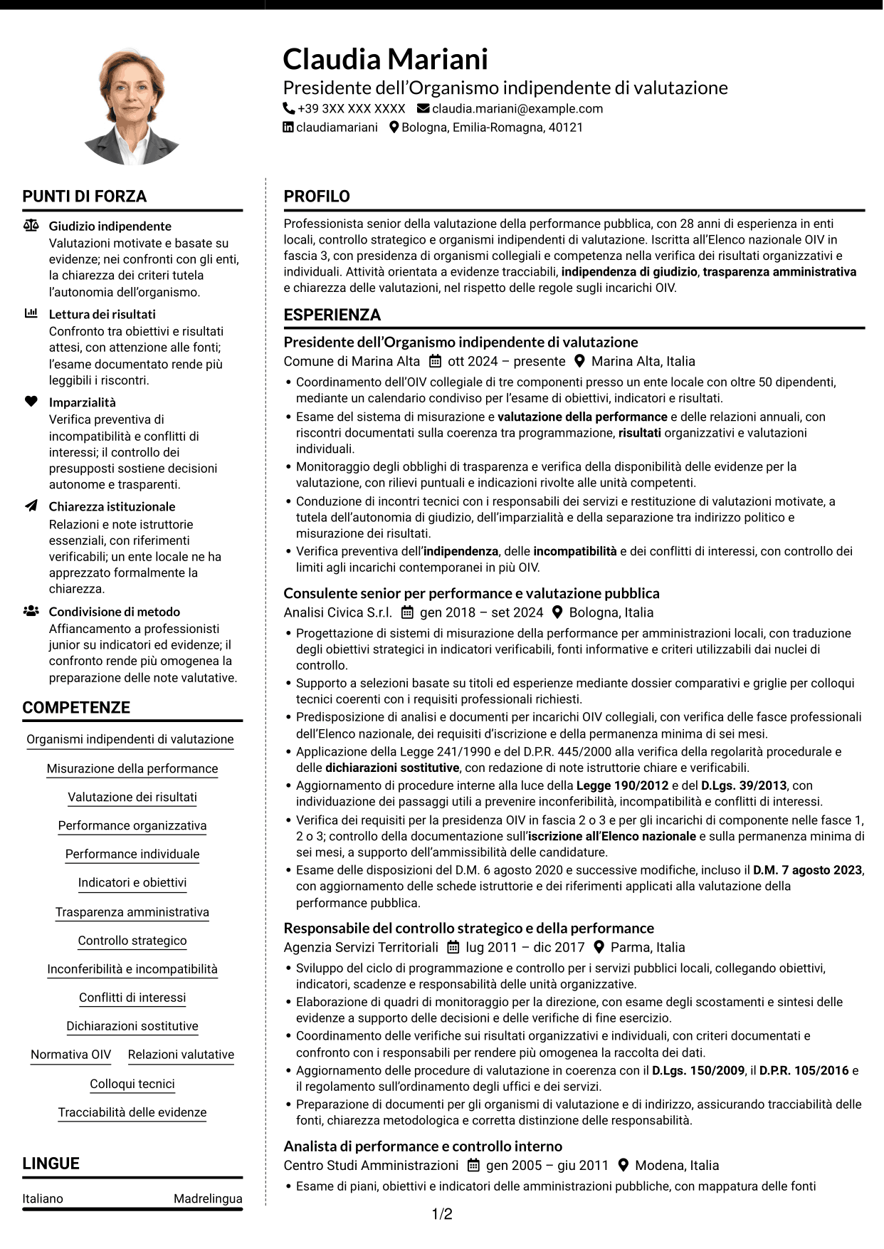 CV Moderno (formato a due colonne con foto a sinistra e separatore): Componente dell’Organismo indipendente di valutazione - Performance della pubblica amministrazione, pagina 1