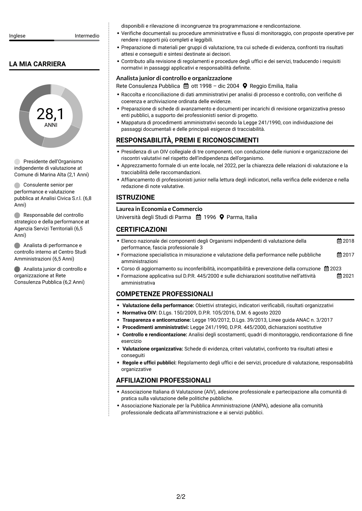 CV Moderno (formato a due colonne con foto a sinistra e separatore): Componente dell’Organismo indipendente di valutazione - Performance della pubblica amministrazione, pagina 2