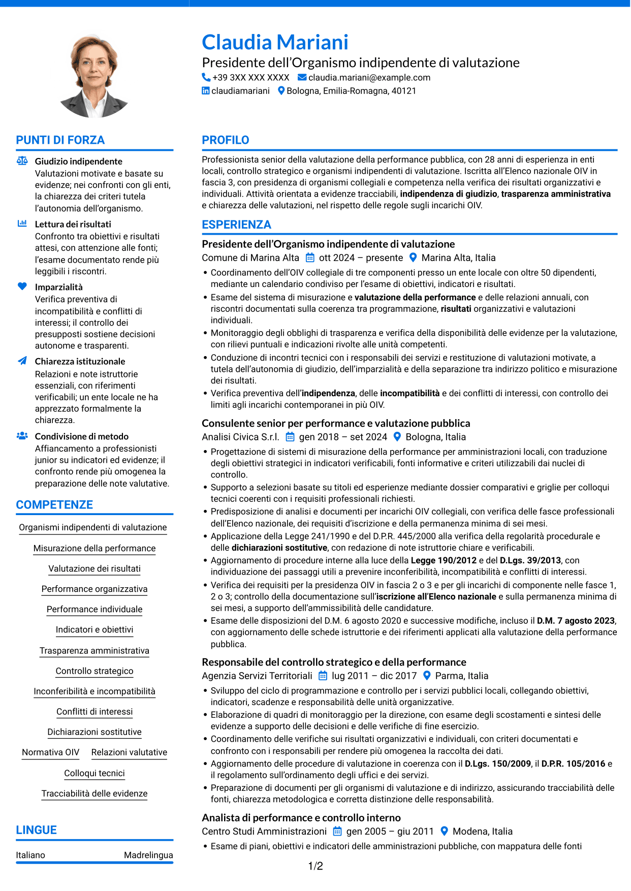 CV Audace (formato a due colonne con accenti colorati e foto): Componente dell’Organismo indipendente di valutazione - Performance della pubblica amministrazione, pagina 1