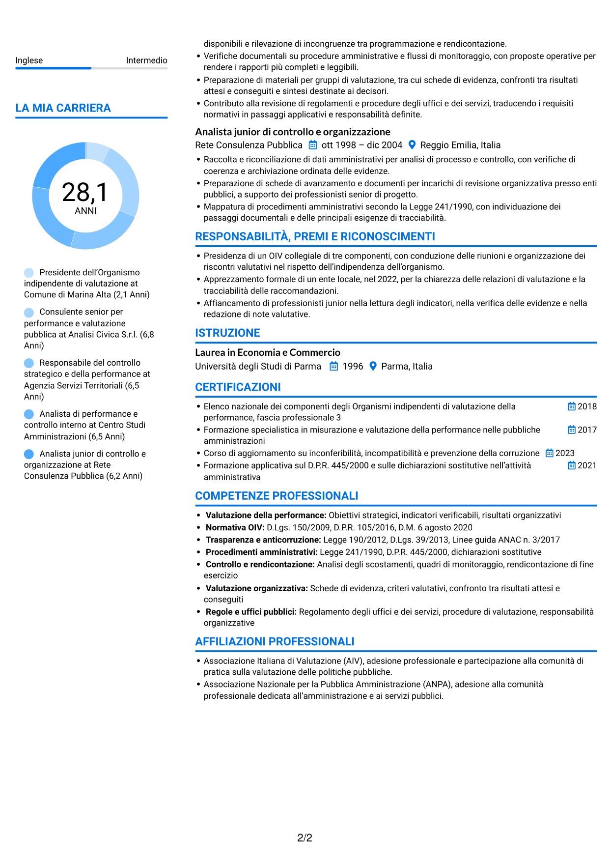 CV Audace (formato a due colonne con accenti colorati e foto): Componente dell’Organismo indipendente di valutazione - Performance della pubblica amministrazione, pagina 2