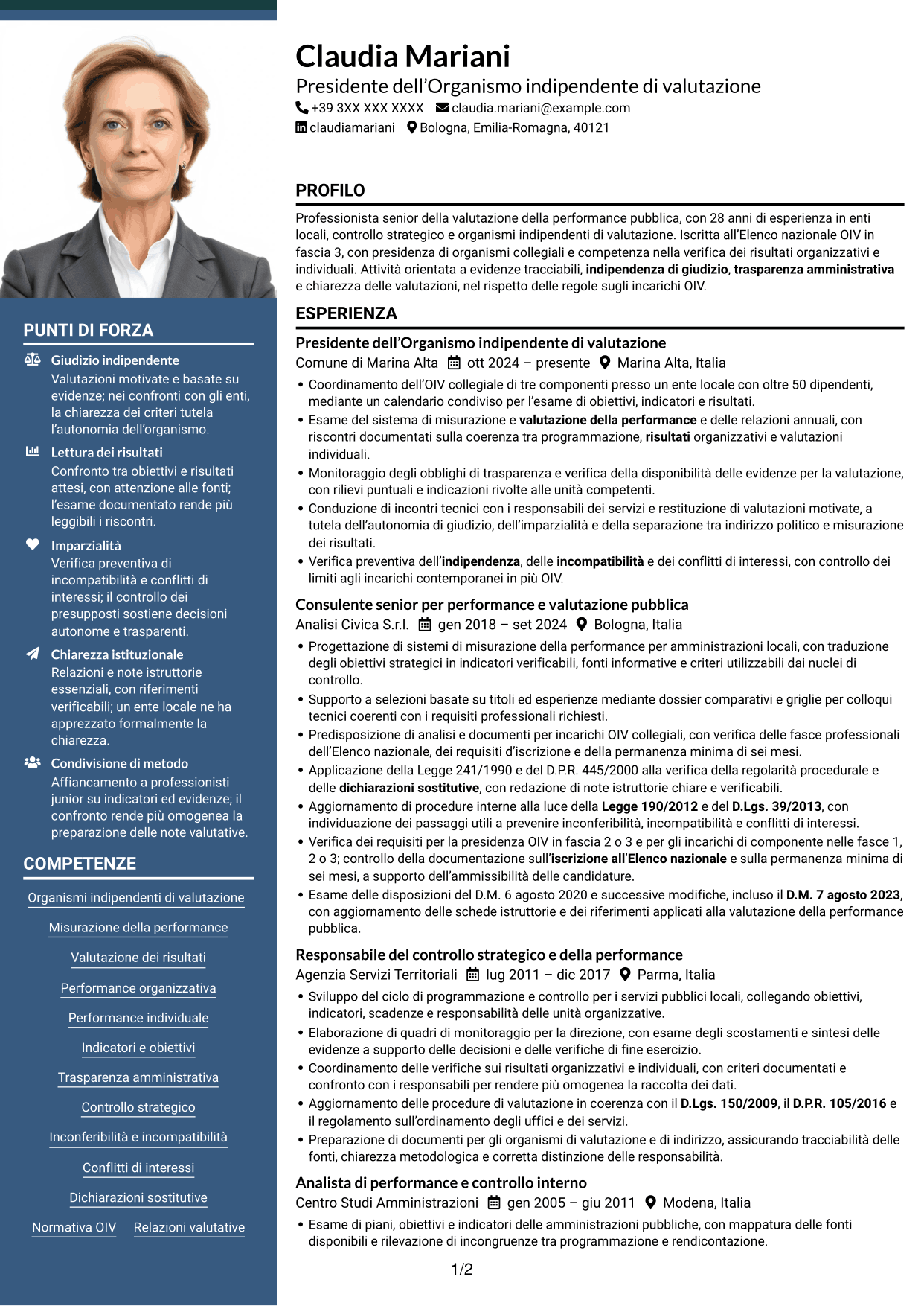 CV Signature (formato con colonna laterale colorata e foto grande): Componente dell’Organismo indipendente di valutazione - Performance della pubblica amministrazione, pagina 1