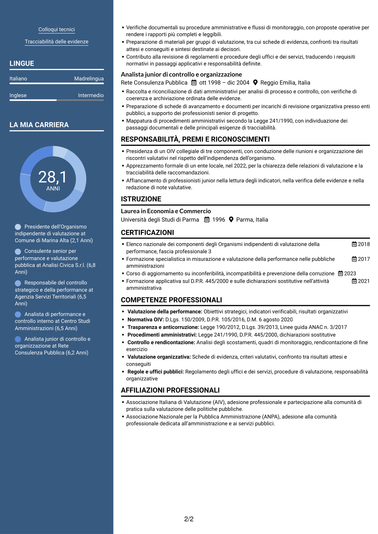 CV Signature (formato con colonna laterale colorata e foto grande): Componente dell’Organismo indipendente di valutazione - Performance della pubblica amministrazione, pagina 2