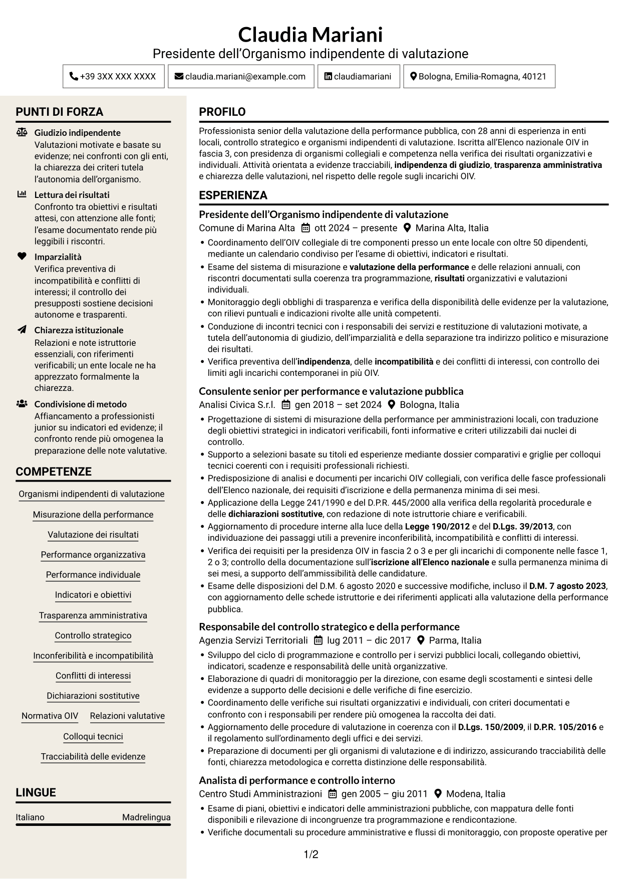 CV Intraprendente (formato a due colonne con intestazione centrata senza foto): Componente dell’Organismo indipendente di valutazione - Performance della pubblica amministrazione, pagina 1