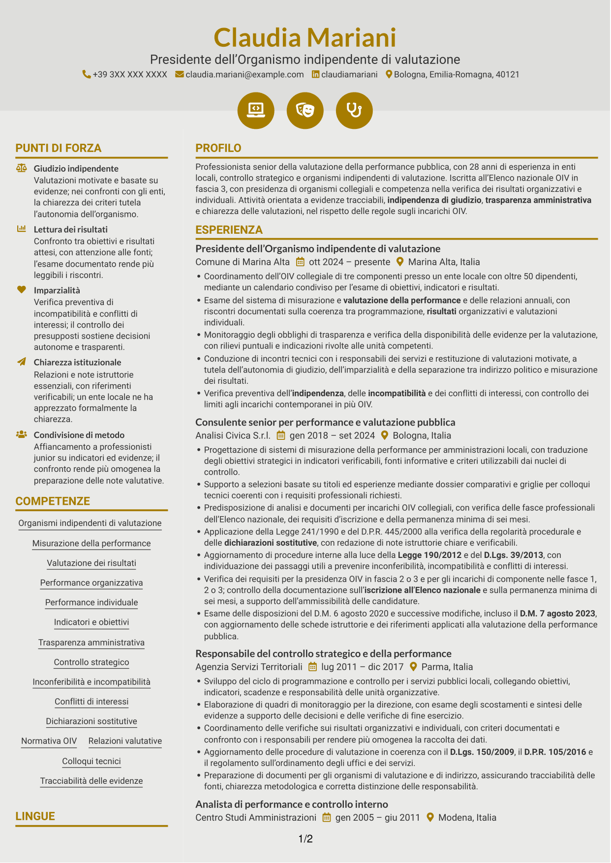 CV Dinamico (formato a due colonne con icone): Componente dell’Organismo indipendente di valutazione - Performance della pubblica amministrazione, pagina 1
