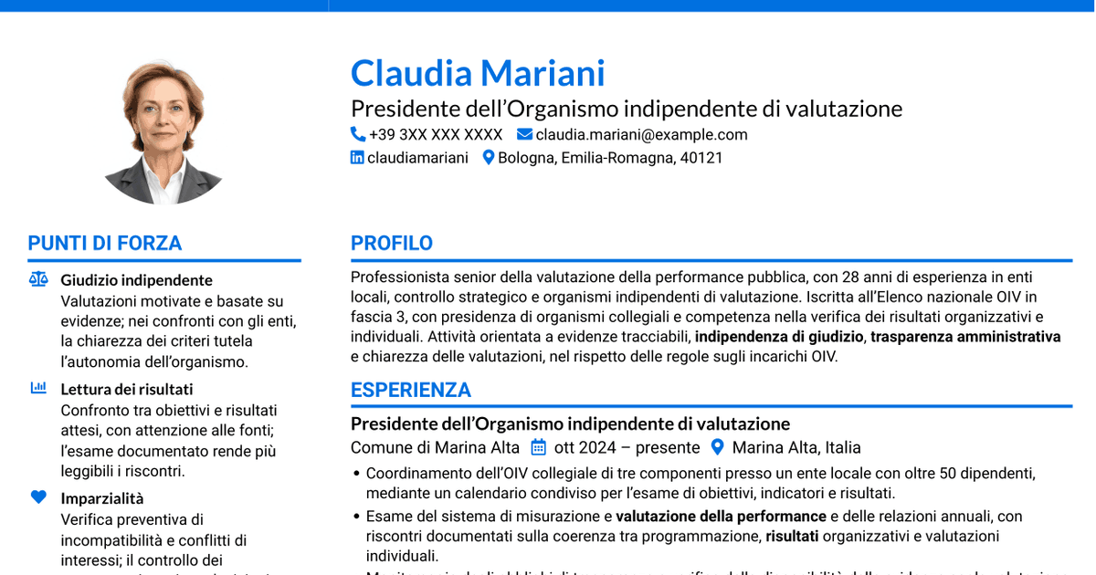 7 modelli di CV per Componente dell’Organismo indipendente di valutazione - Performance della pubblica amministrazione, con esempi