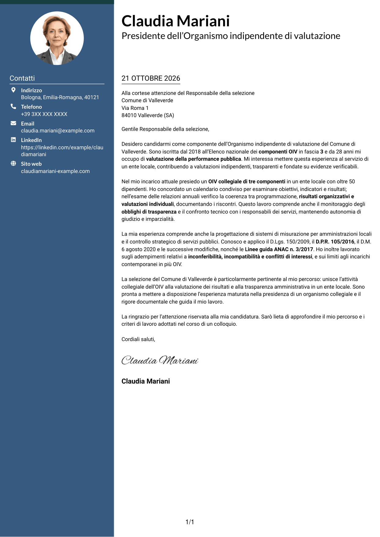 Lettera di presentazione Elegante (formato con colonna laterale colorata e foto): Componente dell’Organismo indipendente di valutazione - Performance della pubblica amministrazione, pagina 1