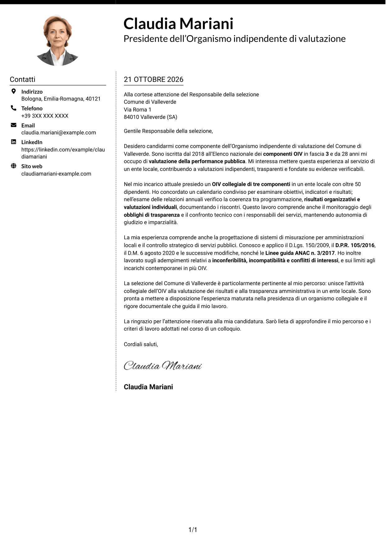 Lettera di presentazione Moderno (formato a due colonne con foto a sinistra e separatore): Componente dell’Organismo indipendente di valutazione - Performance della pubblica amministrazione, pagina 1