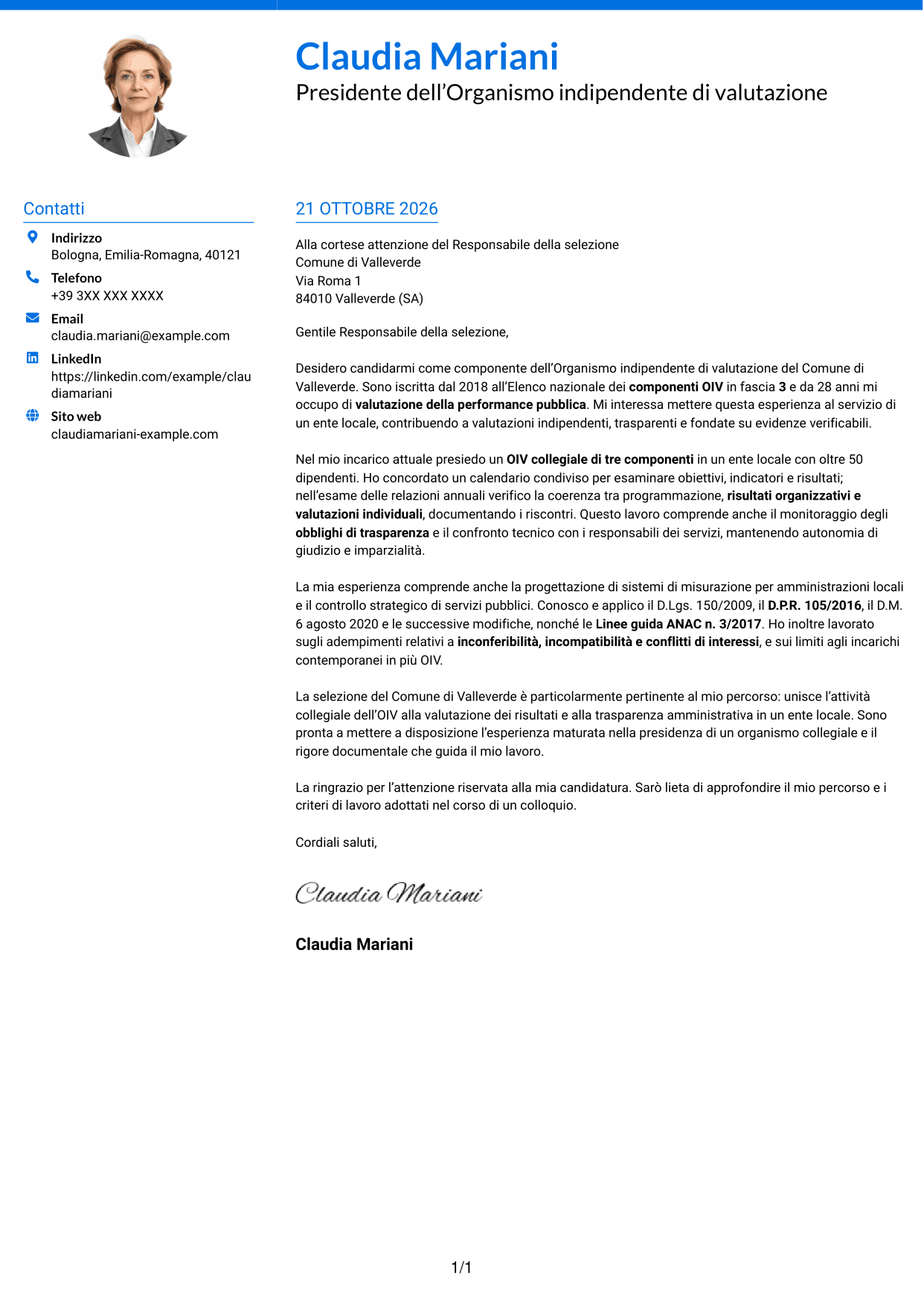 Lettera di presentazione Audace (formato a due colonne con accenti colorati e foto): Componente dell’Organismo indipendente di valutazione - Performance della pubblica amministrazione, pagina 1