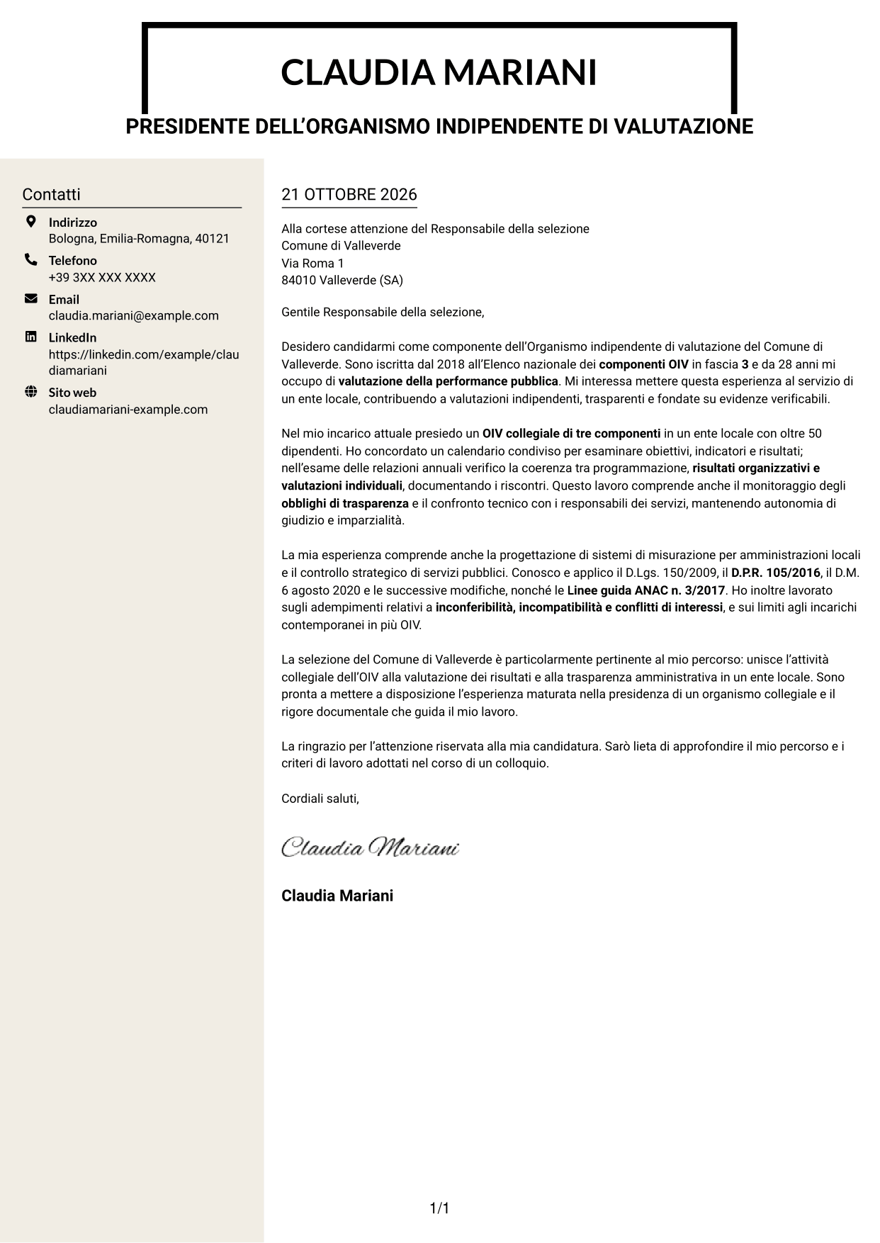 Lettera di presentazione Intraprendente (formato a due colonne con intestazione centrata senza foto): Componente dell’Organismo indipendente di valutazione - Performance della pubblica amministrazione, pagina 1