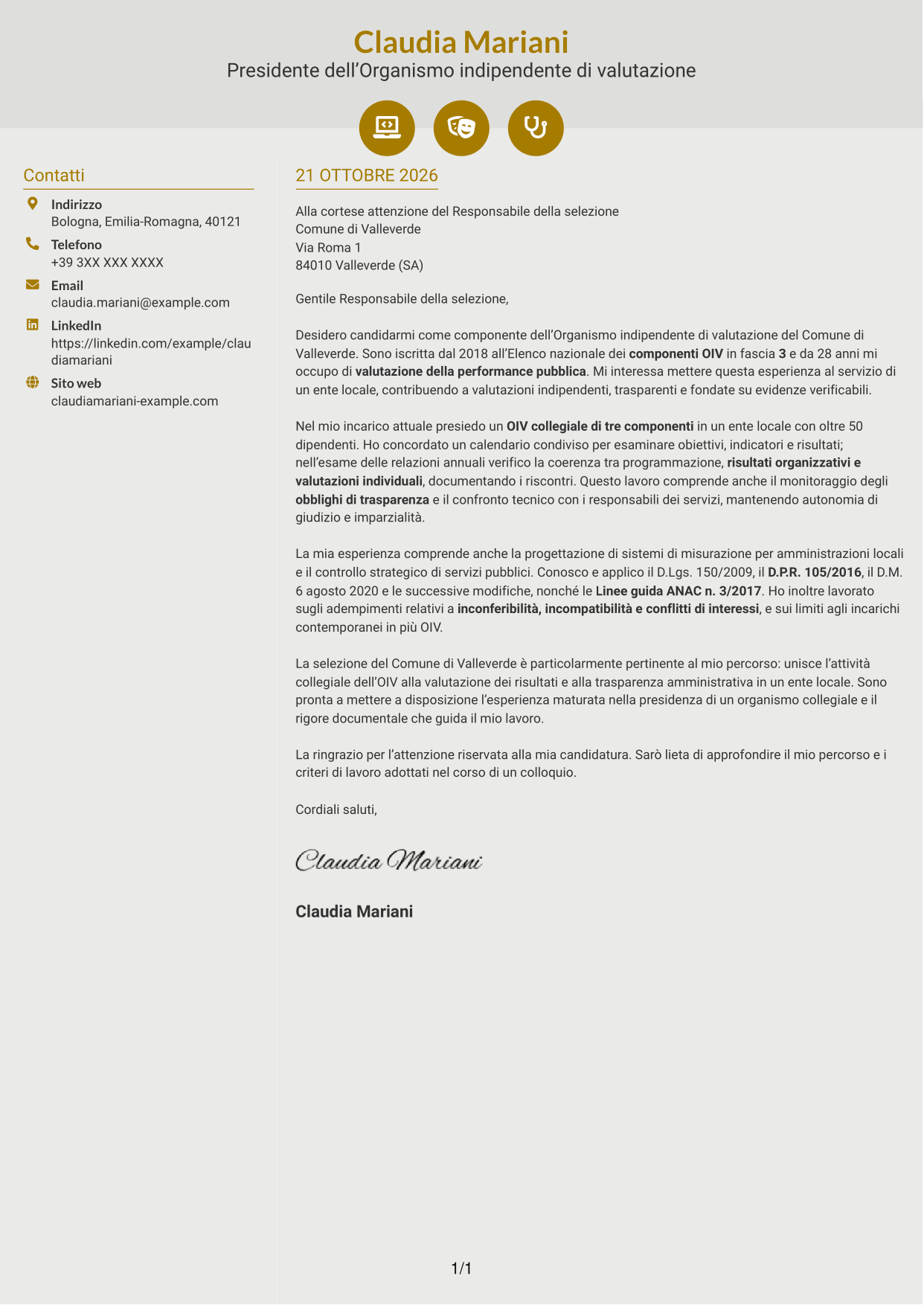 Lettera di presentazione Dinamico (formato a due colonne con icone): Componente dell’Organismo indipendente di valutazione - Performance della pubblica amministrazione, pagina 1