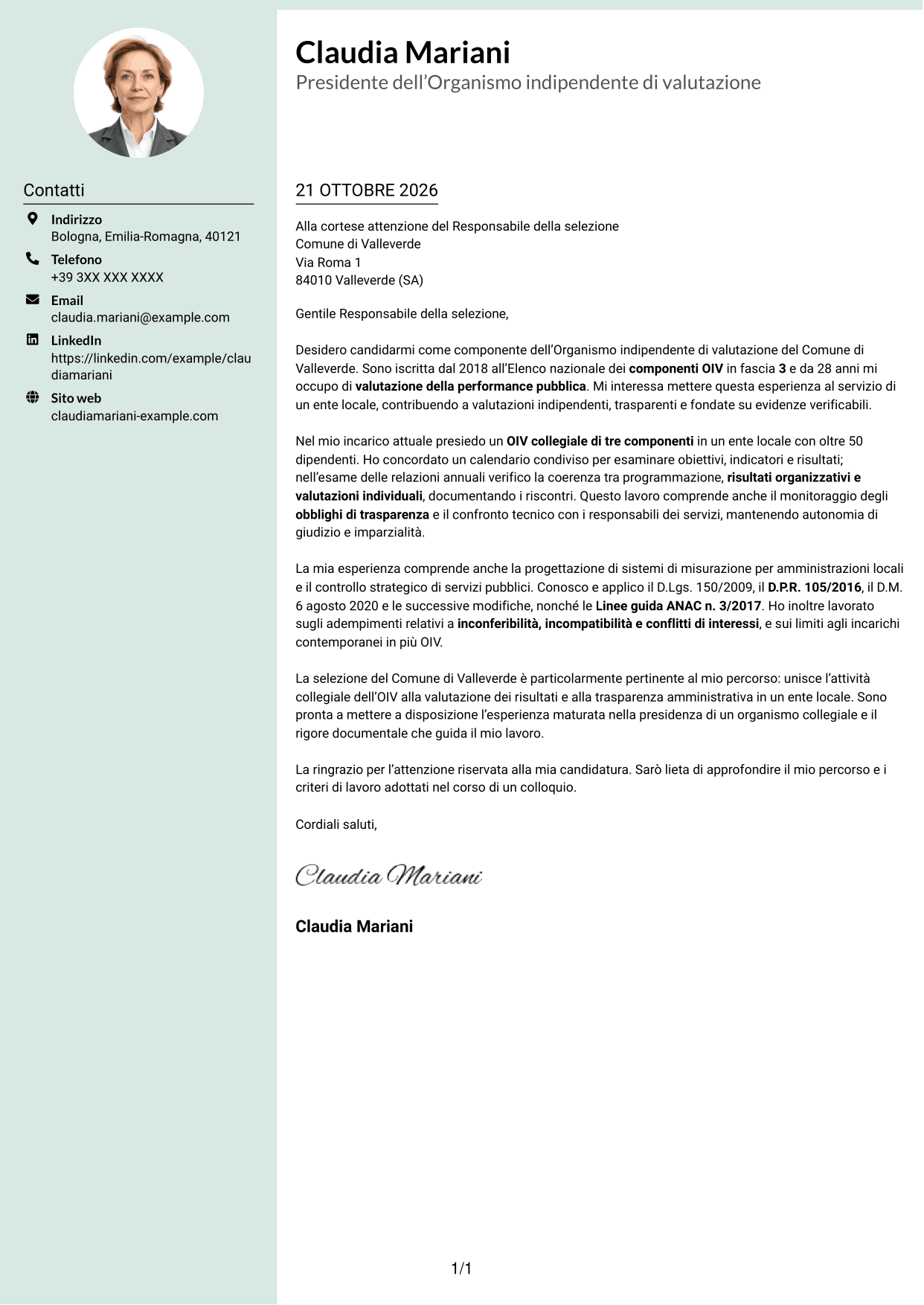 Lettera di presentazione Dirigente (formato con colonna laterale tenue e foto arrotondata): Componente dell’Organismo indipendente di valutazione - Performance della pubblica amministrazione, pagina 1