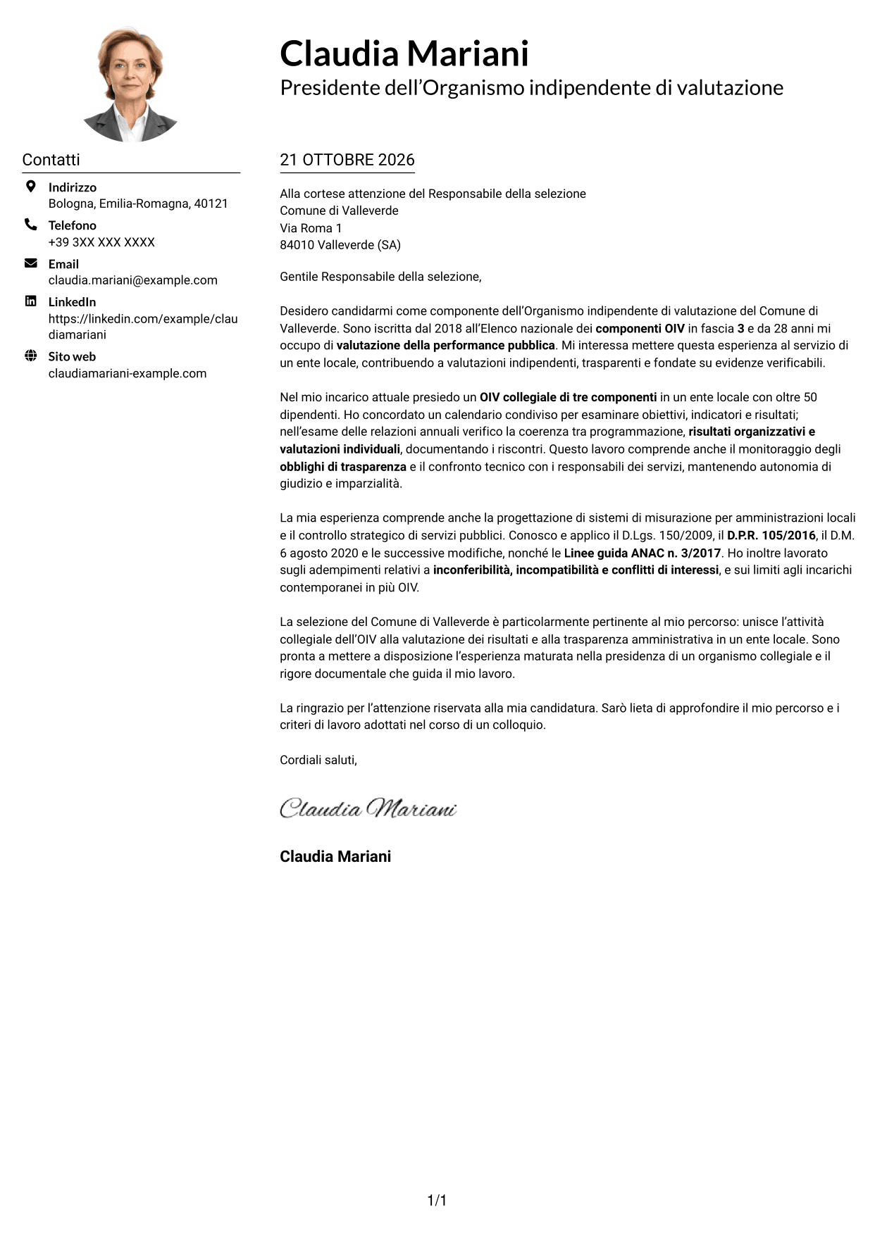 Esempio di lettera di presentazione — pagina 1