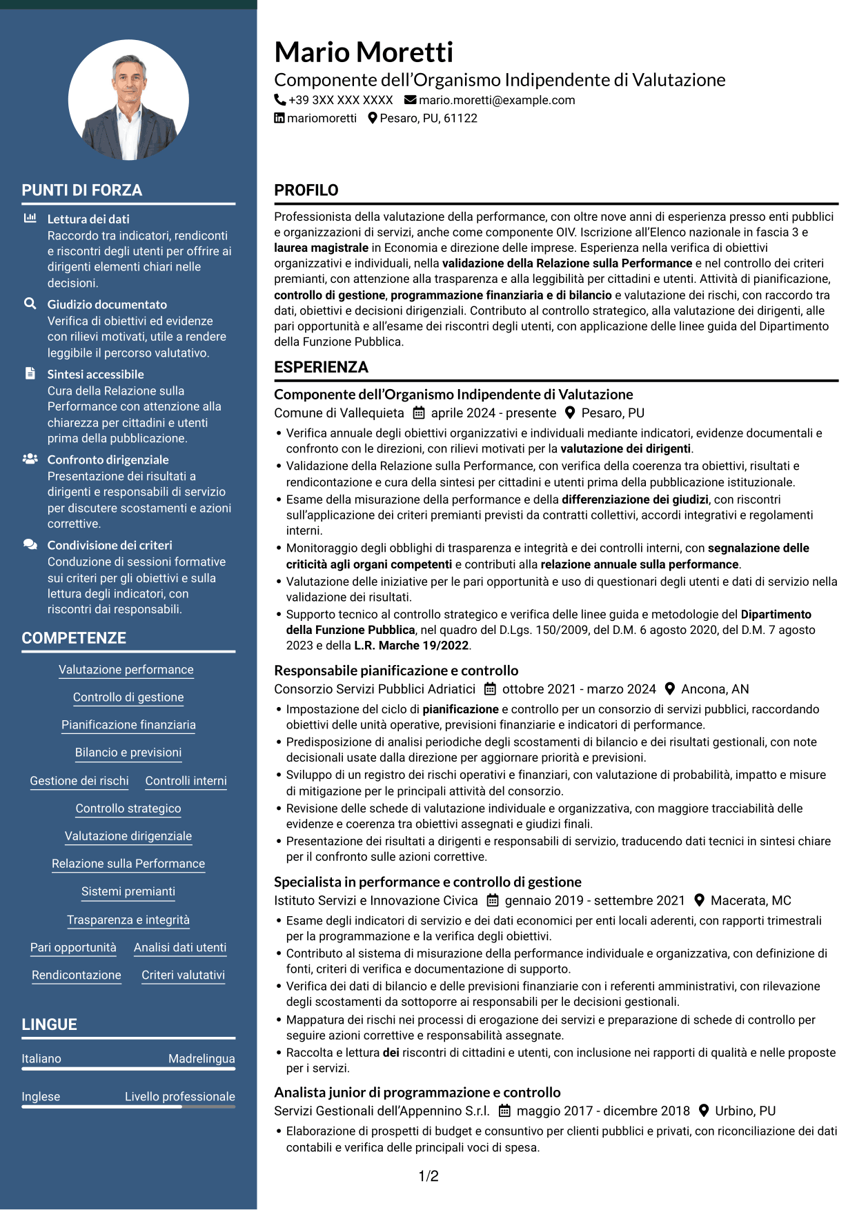 CV Elegante (formato con colonna laterale colorata e foto): Componente dell’Organismo Indipendente di Valutazione - Performance e controlli interni, pagina 1