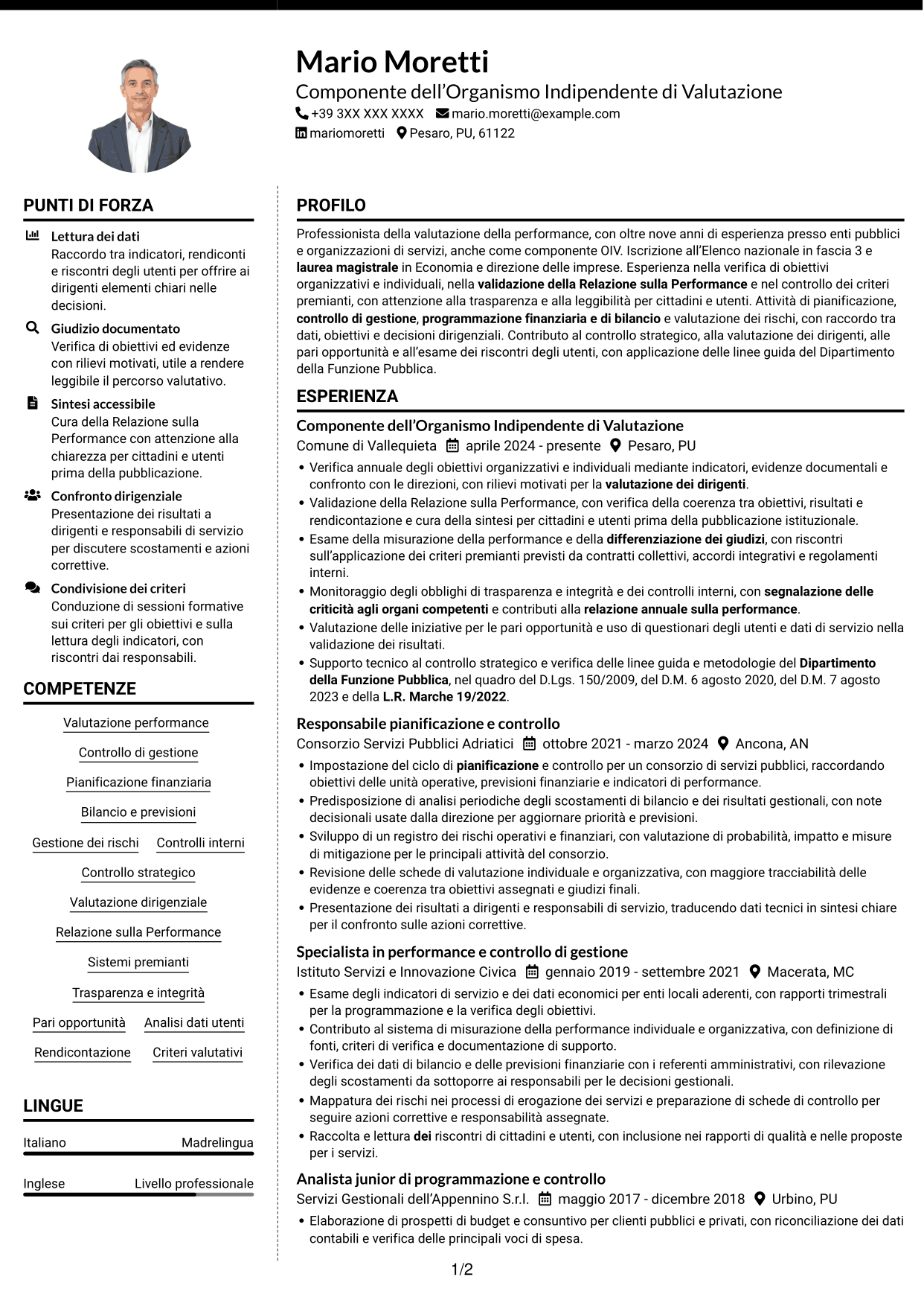 CV Moderno (formato a due colonne con foto a sinistra e separatore): Componente dell’Organismo Indipendente di Valutazione - Performance e controlli interni, pagina 1