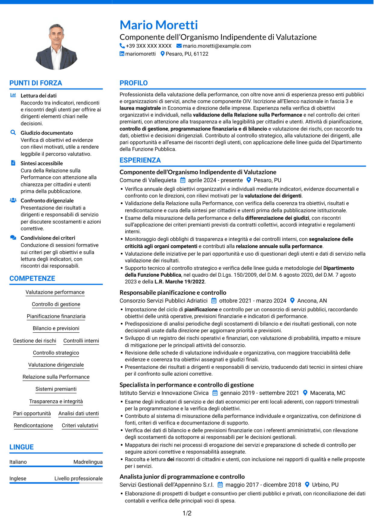CV Audace (formato a due colonne con accenti colorati e foto): Componente dell’Organismo Indipendente di Valutazione - Performance e controlli interni, pagina 1